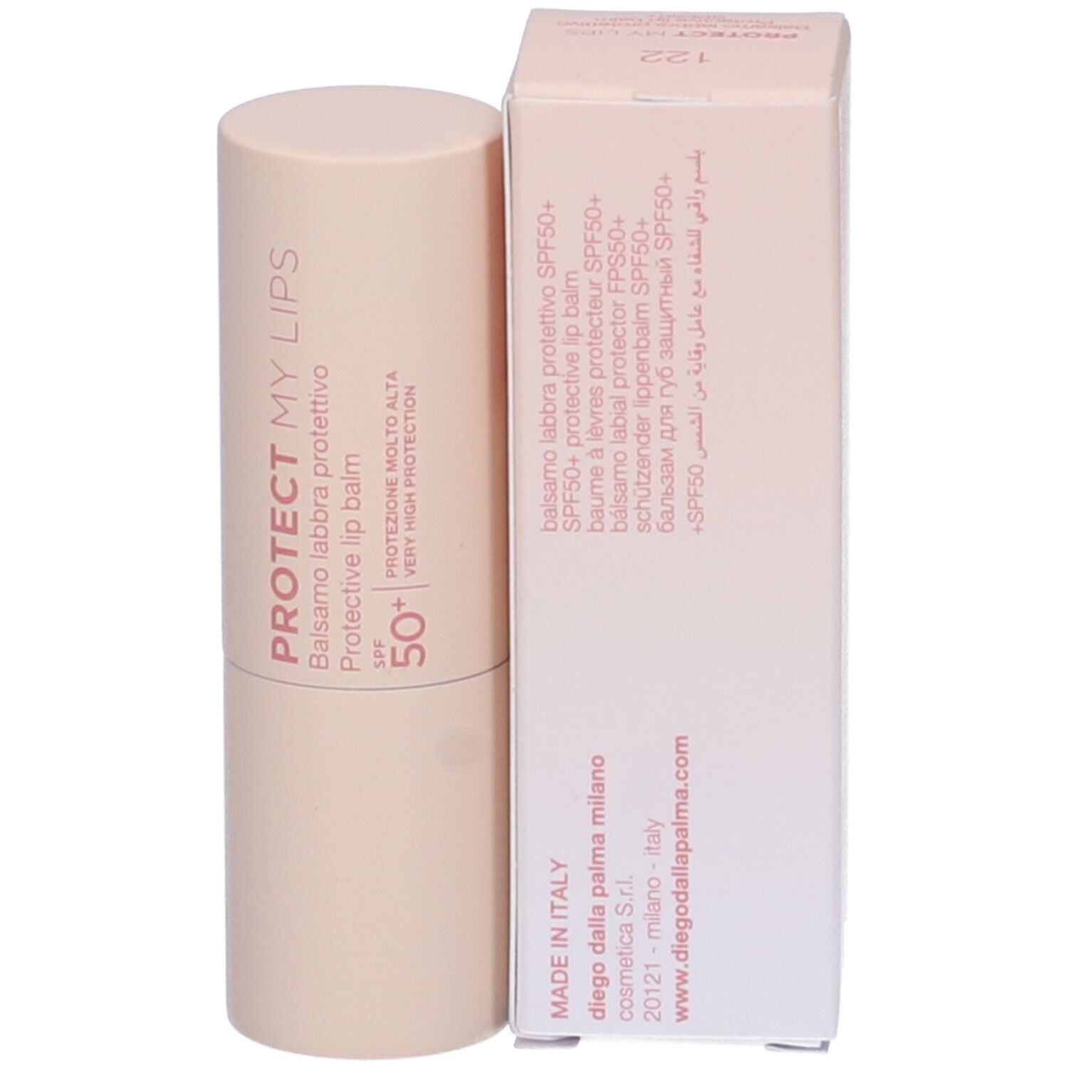 Balsamo per labbra e confezione. Sulla confezione: Diego dalla Palma, PROTECT MY LIPS, SPF 50+.