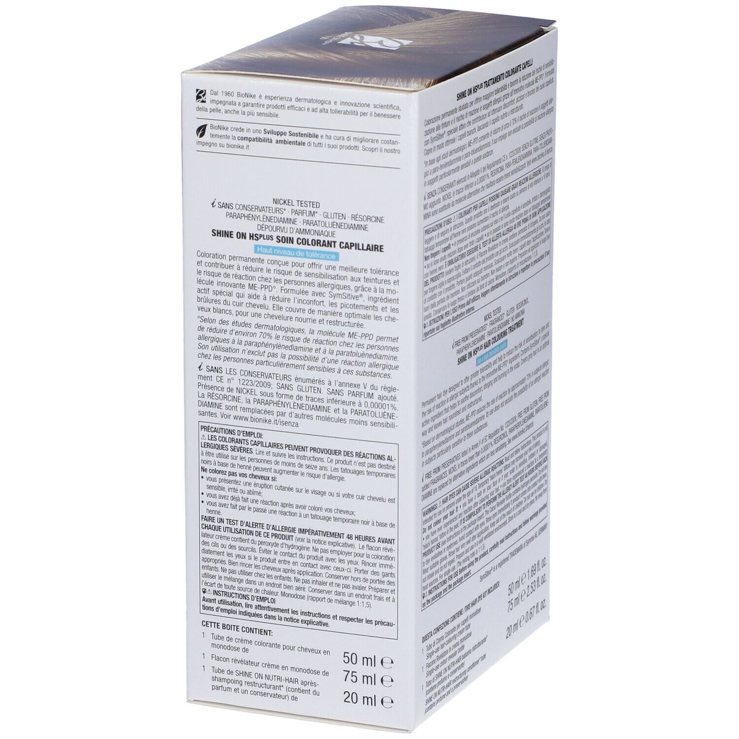 Confezione di tinta per capelli BioNike SHINE ON High Sensitivity plus 7.00 Biondo. Colore biondo. Nickel tested. Retro.