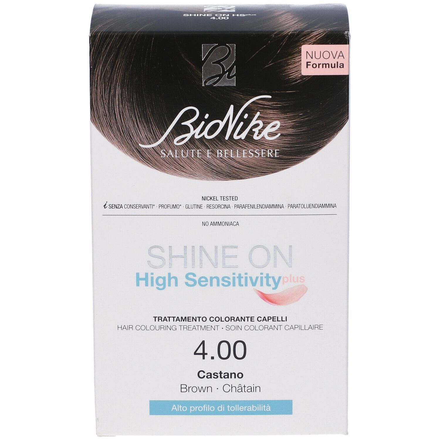 Bionike Shine On High Sensitivity Plus, colore castano. Confezione con informazioni e logo del prodotto.