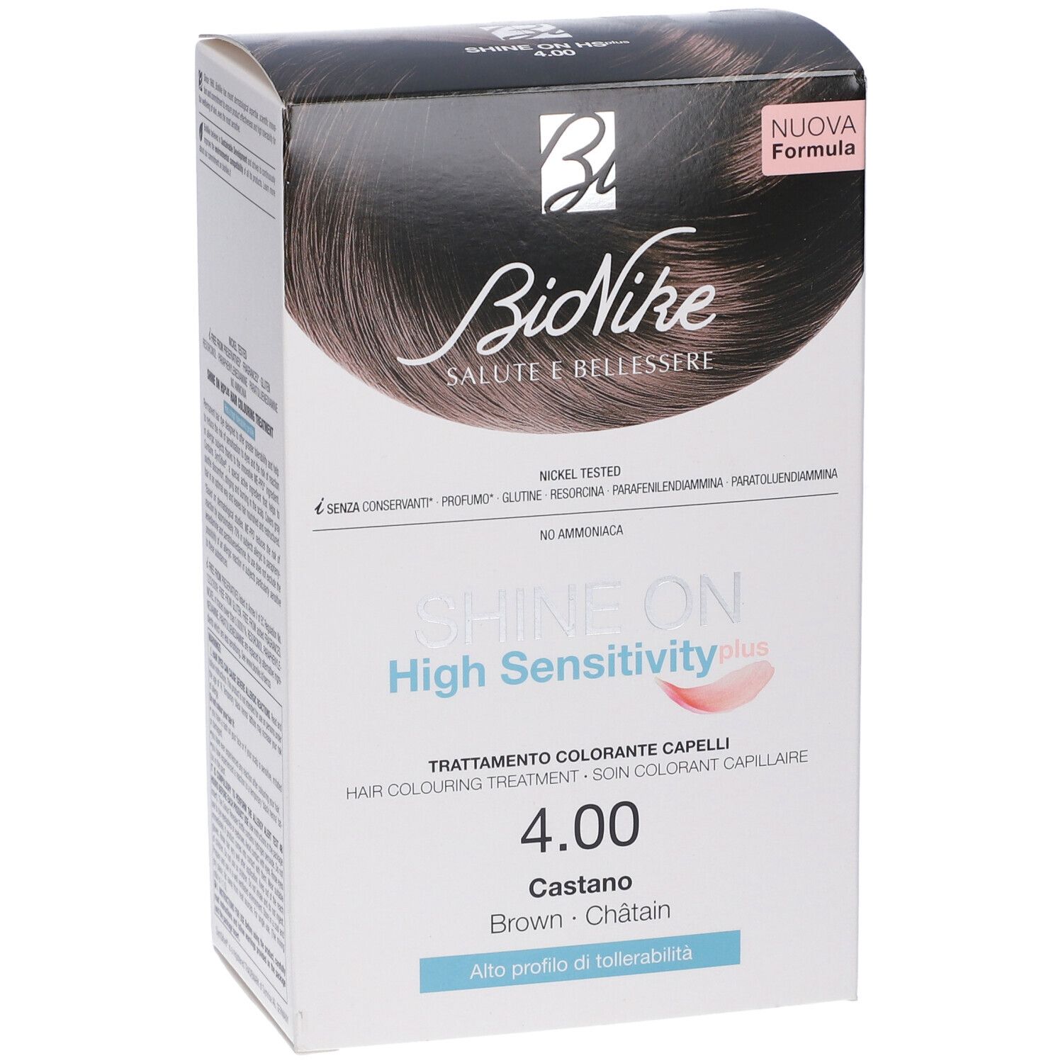 Bionike Shine On High Sensitivity Plus, colore castano. Confezione con informazioni e logo del prodotto.