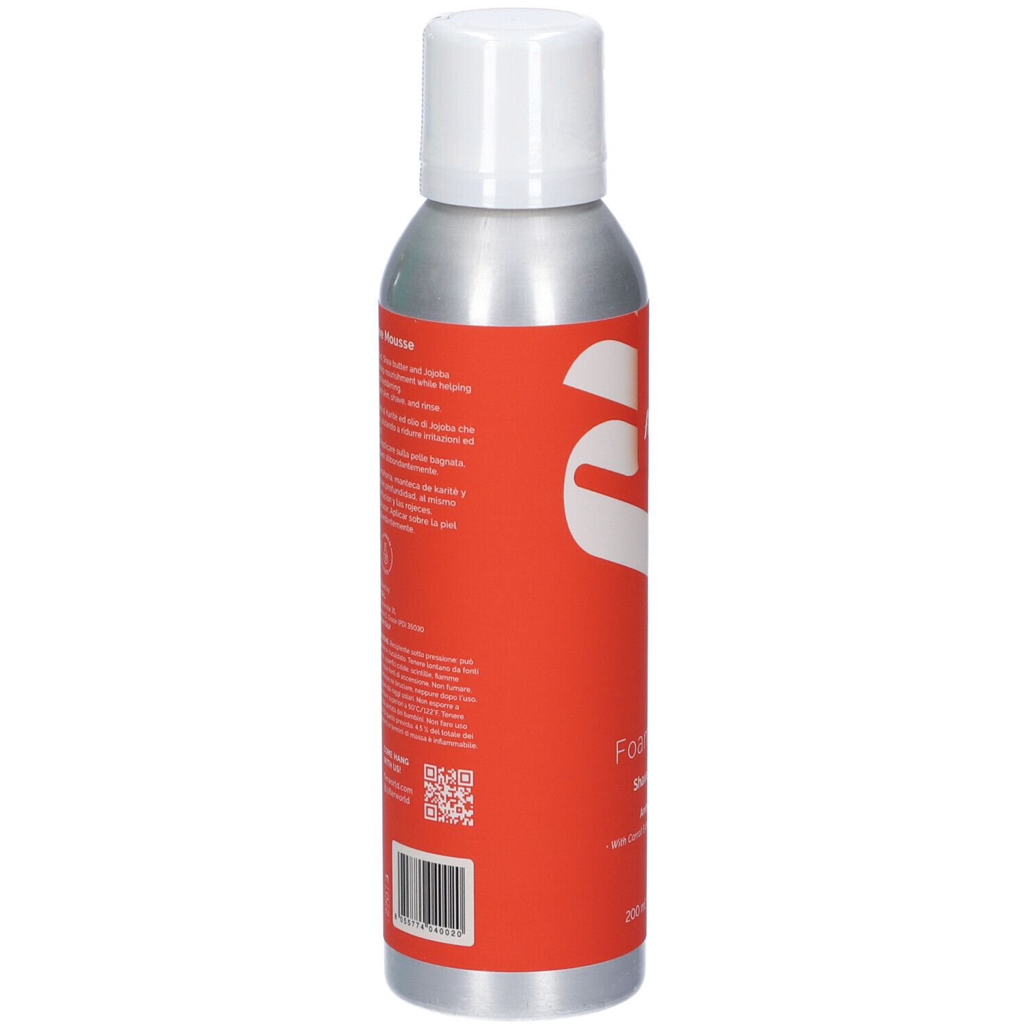Mousse da rasatura Fler Foamtastic, retro con ingredienti e istruzioni.