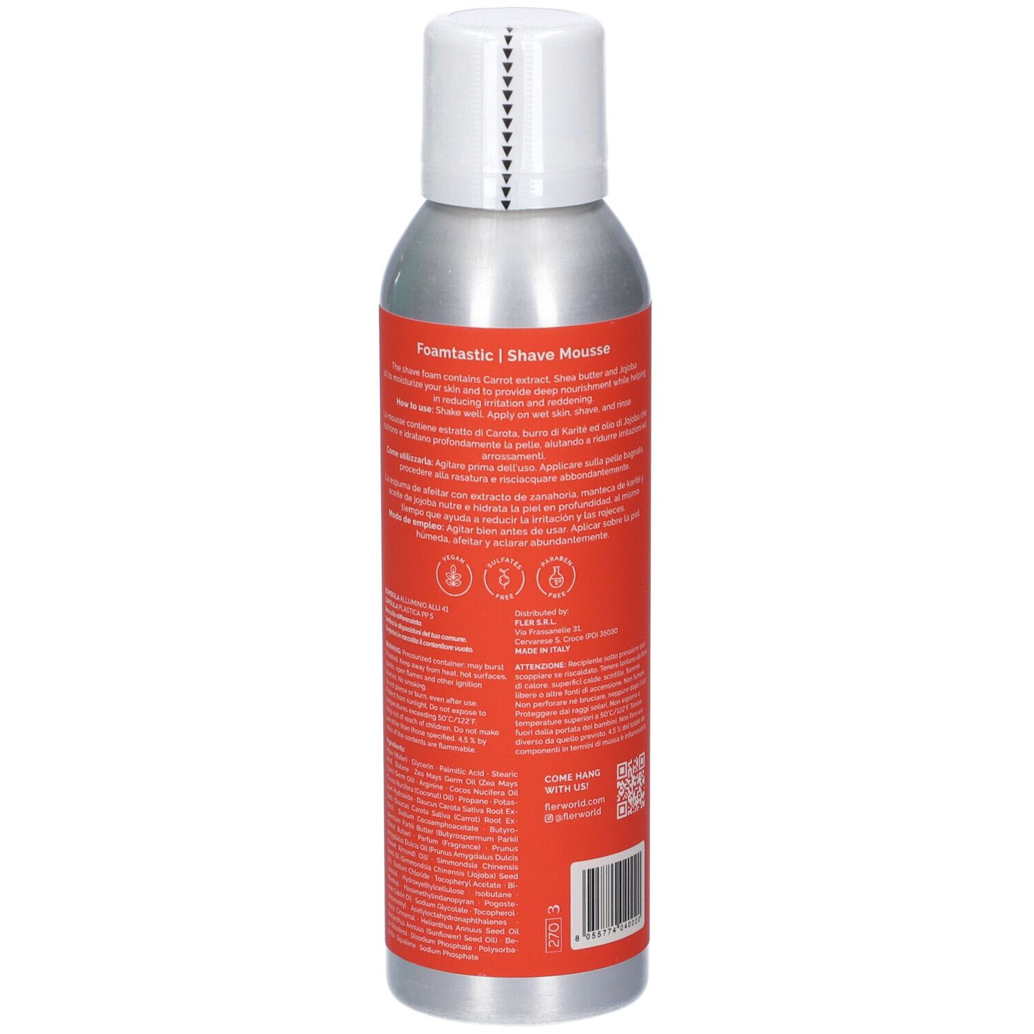 Mousse da rasatura Fler Foamtastic, retro con istruzioni e ingredienti.