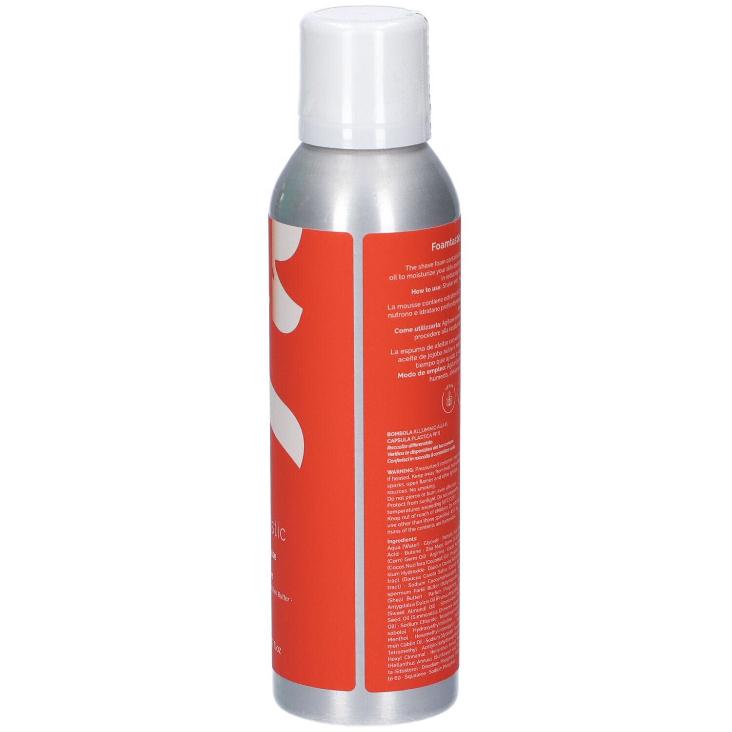 Mousse da rasatura Fler Foamtastic, retro con istruzioni e ingredienti.