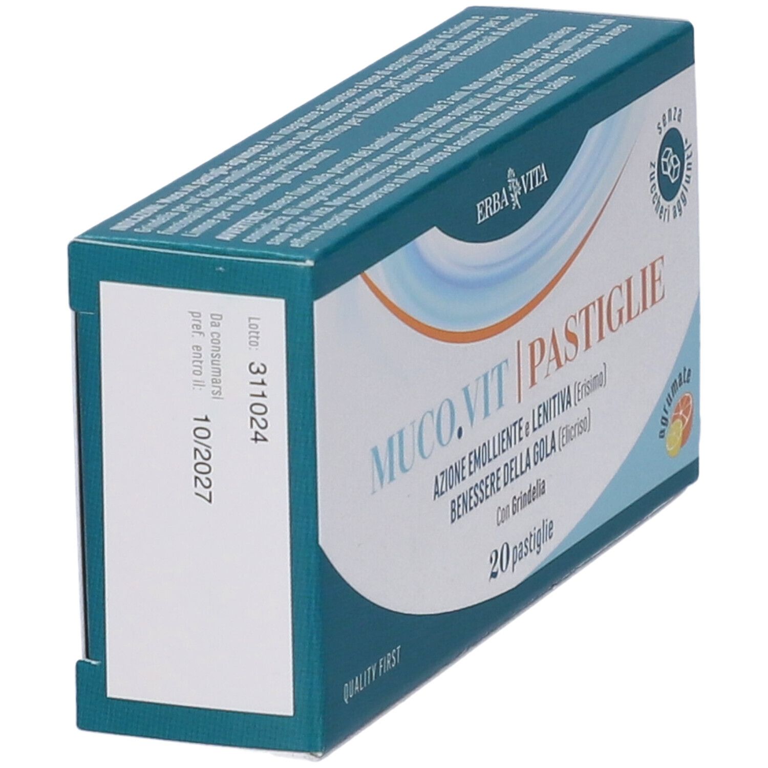 Scatola MUCO.VIT Pastiglie Agrumate. Marchio Erba Vita. 20 pastiglie. Stampa: 10/2027. Senza zuccheri aggiunti.