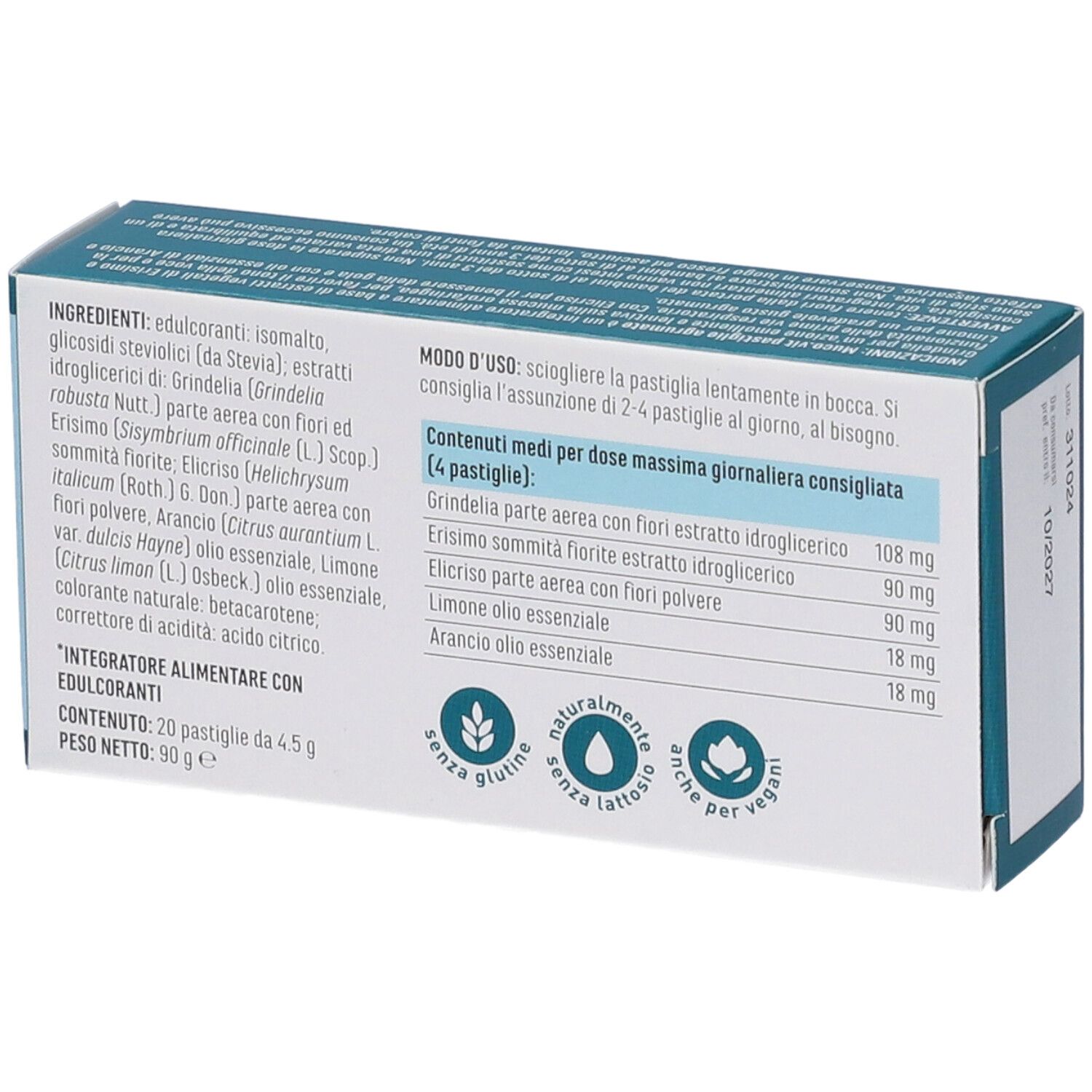 Retro della scatola MUCO.VIT Pastiglie. Elenco ingredienti, istruzioni per l'uso e informazioni nutrizionali. Senza glutine, naturale, vegano.