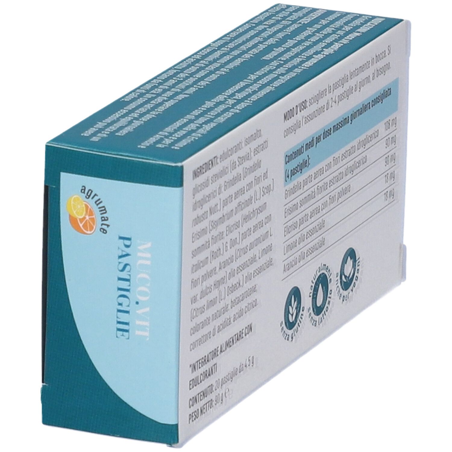 Scatola MUCO.VIT Pastiglie. Elenco ingredienti, istruzioni per l'uso e informazioni nutrizionali. Senza glutine, naturale, vegano.