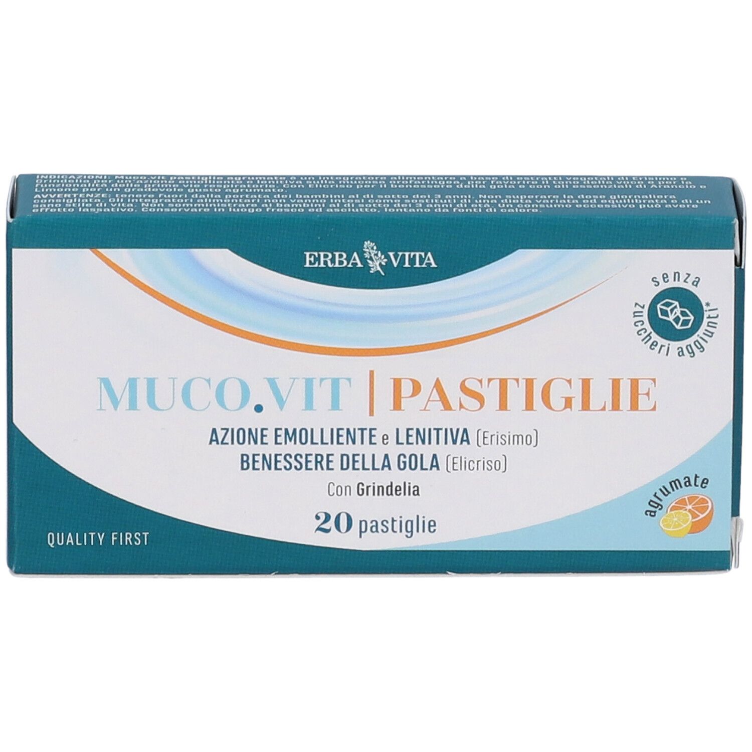 Scatola di MUCO.VIT Pastiglie Agrumate. Marchio Erba Vita. 20 pastiglie. Senza zuccheri aggiunti. Scritto: Quality First.