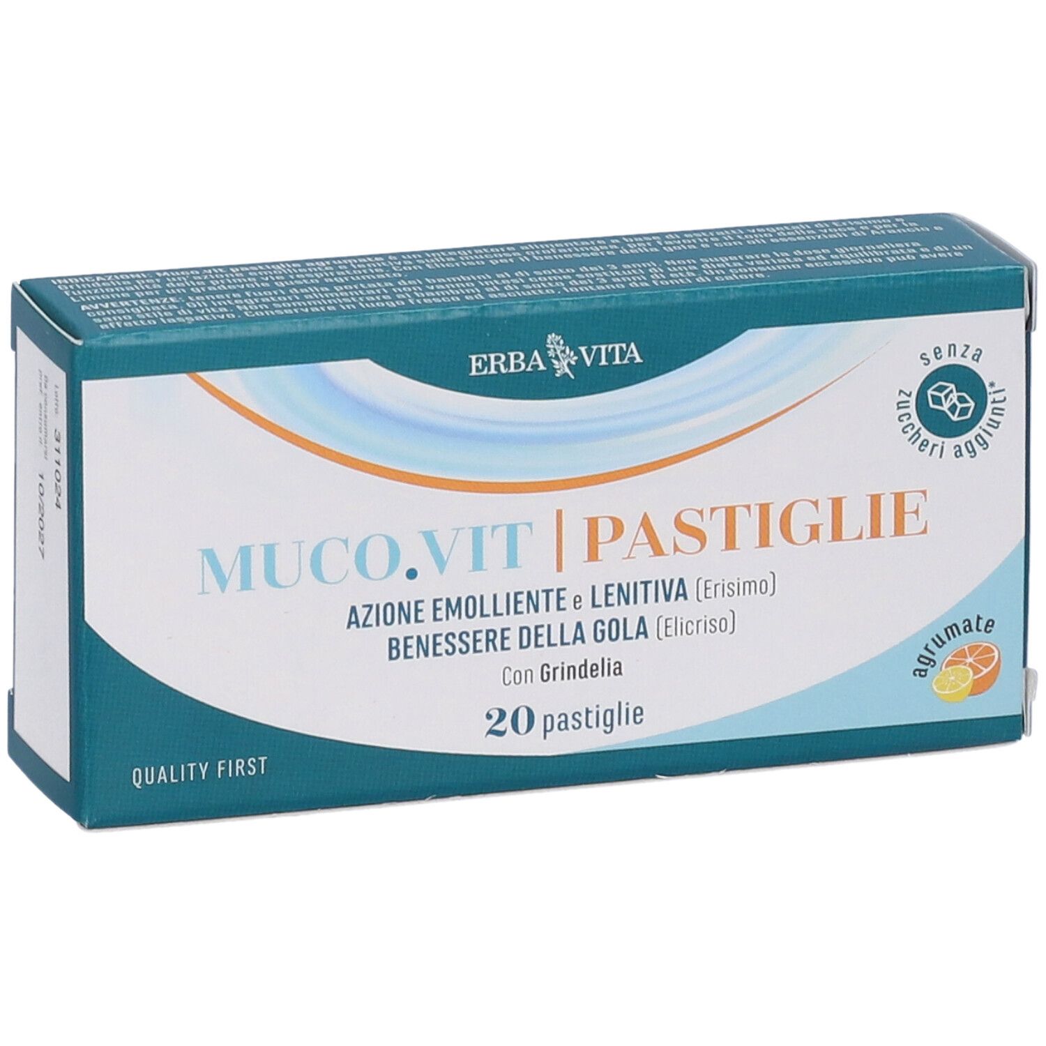 Scatola MUCO.VIT Pastiglie Agrumate. Marchio Erba Vita. 20 pastiglie. Stampa: 10/2027. Senza zuccheri aggiunti.