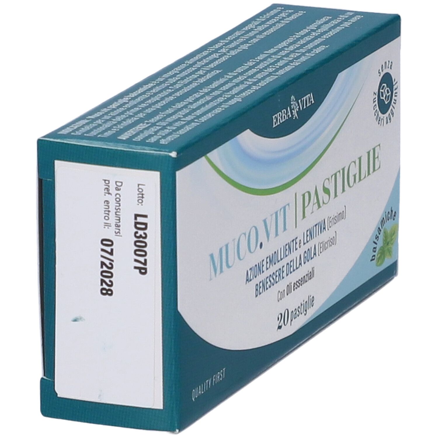 Scatola MUCO.VIT Pastiglie Balsamiche. Erba Vita. 20 pastiglie. Vista laterale. Scadenza 07/2028.