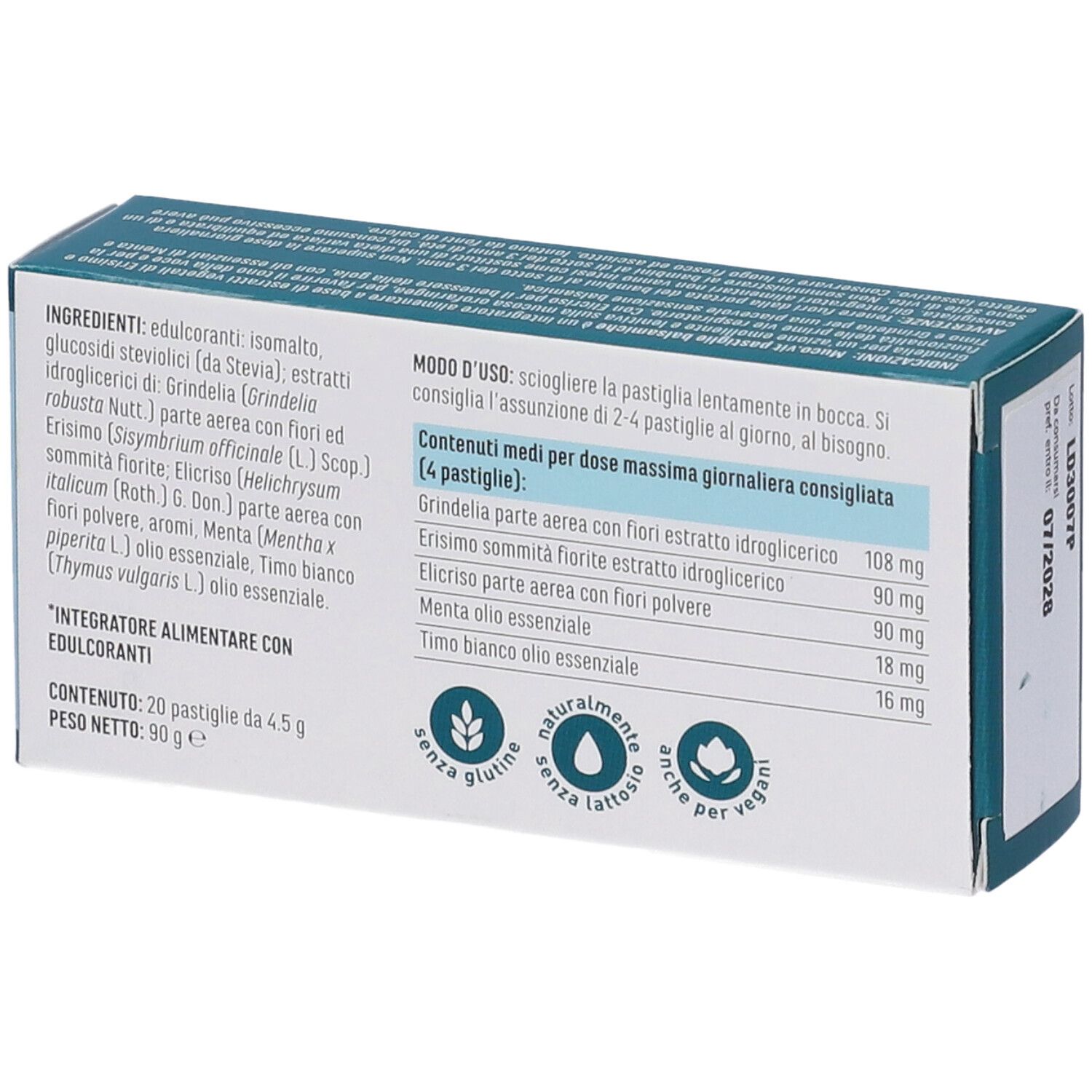 Retro della scatola MUCO.VIT Pastiglie Balsamiche. Elenco ingredienti, istruzioni per l'uso. Senza glutine, lattosio, vegano.