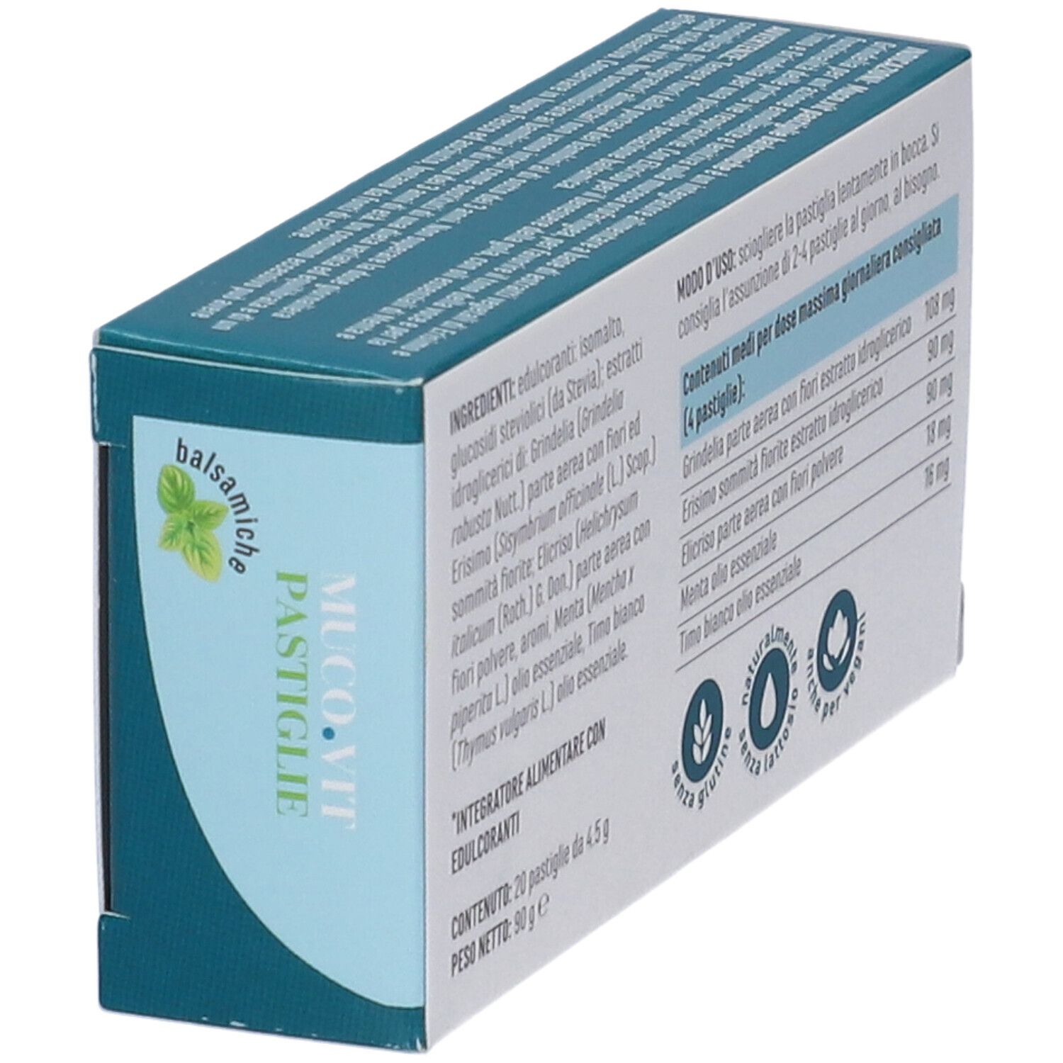 Scatola MUCO.VIT Pastiglie Balsamiche. Erba Vita. Vista laterale. Senza glutine, lattosio, vegano. Scadenza.