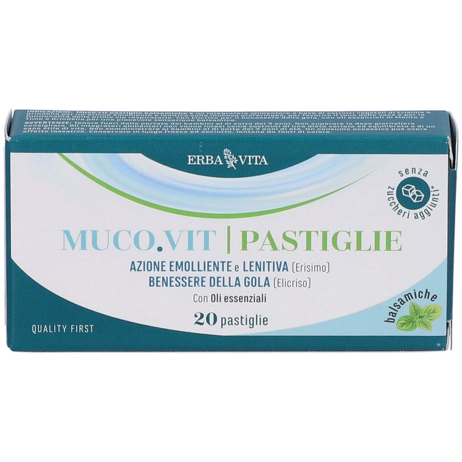 Scatola MUCO.VIT Pastiglie Balsamiche. Erba Vita. 20 pastiglie. Confezione verde e bianca. Senza zuccheri aggiunti.