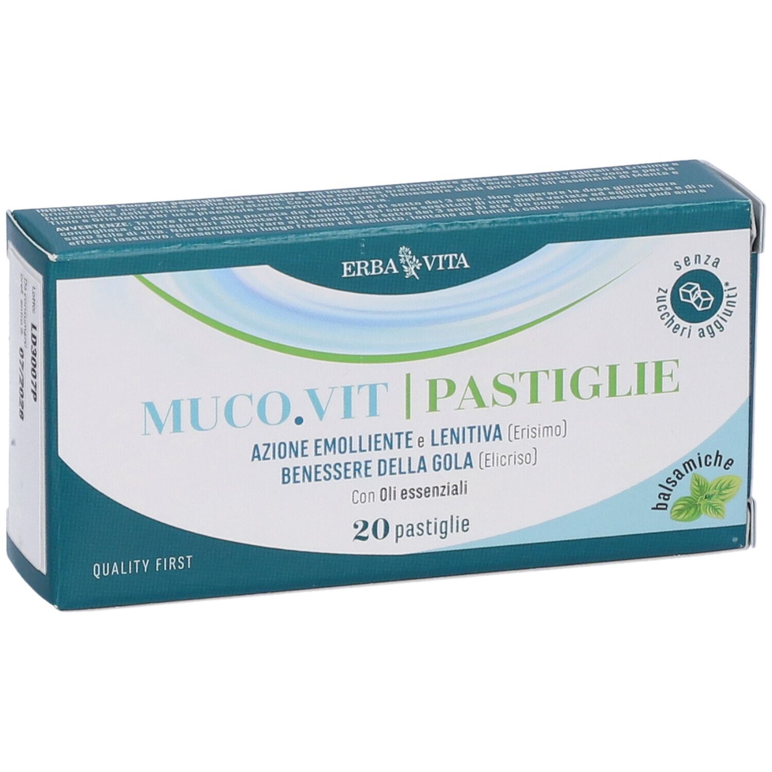 Scatola MUCO.VIT Pastiglie Balsamiche. Erba Vita. 20 pastiglie. Confezione verde e bianca. Senza zuccheri aggiunti.