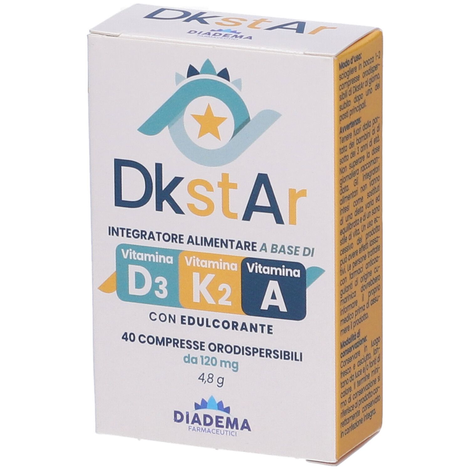 Scatola bianca 'Dkstar'. 40 compresse. Vitamine D3, K2, A. Marchio Diadema Farmaceutici. Vista obliqua.