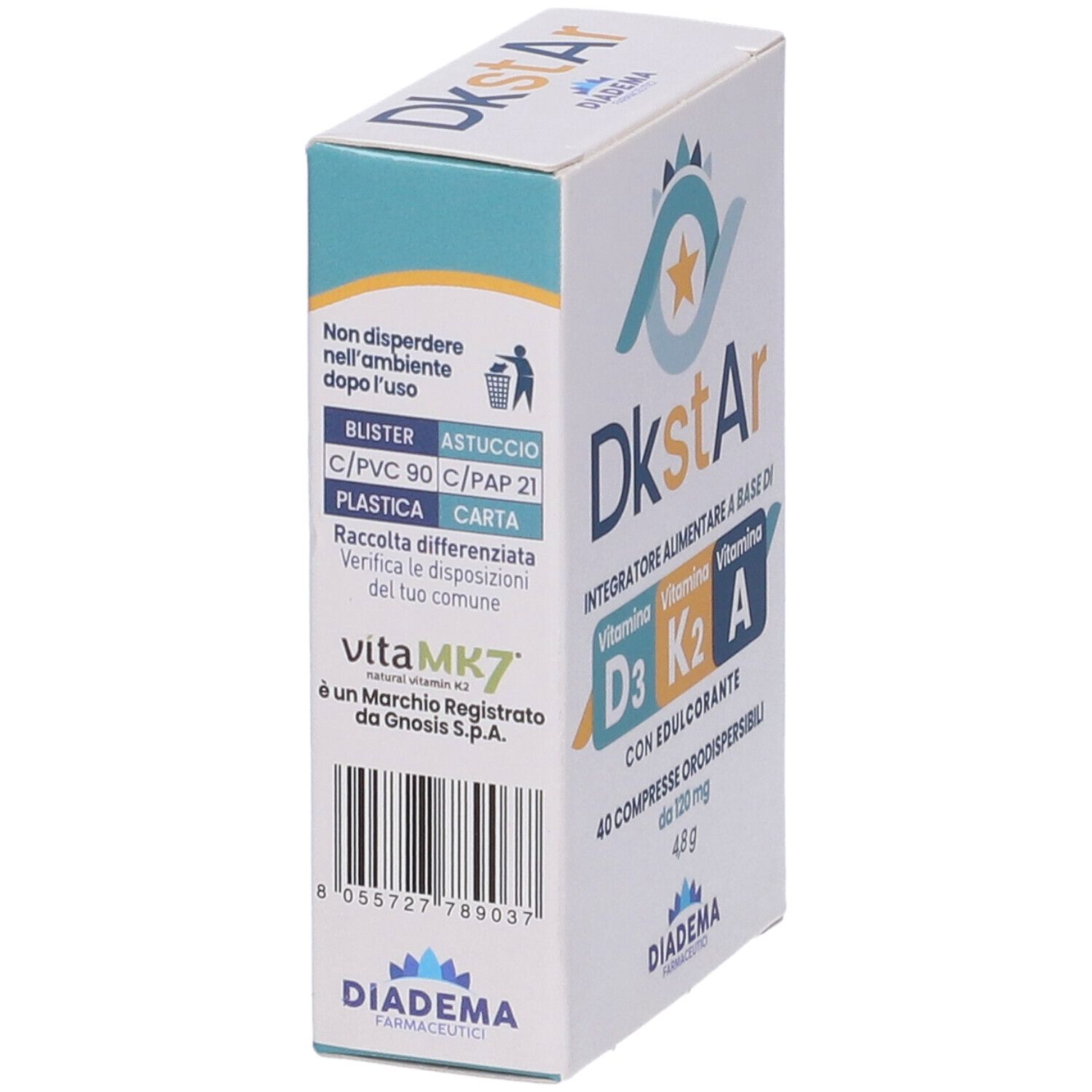 Scatola 'Dkstar'. 40 compresse. Vitamine D3, K2, A. Marchio Diadema Farmaceutici. Retro con ingredienti.