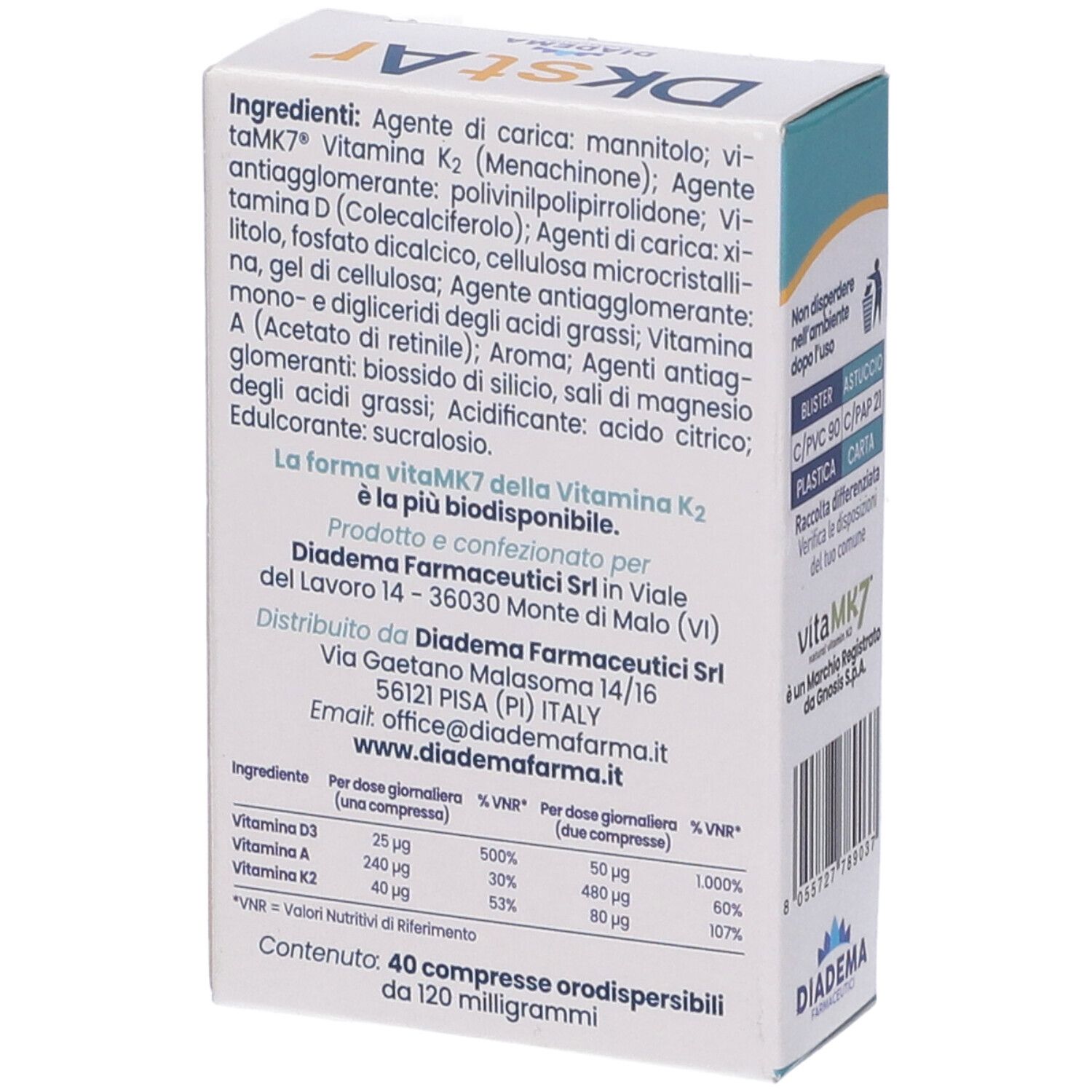 Retro della scatola 'Dkstar'. Ingredienti, informazioni nutrizionali e produttore. Marchio: Diadema Farmaceutici.