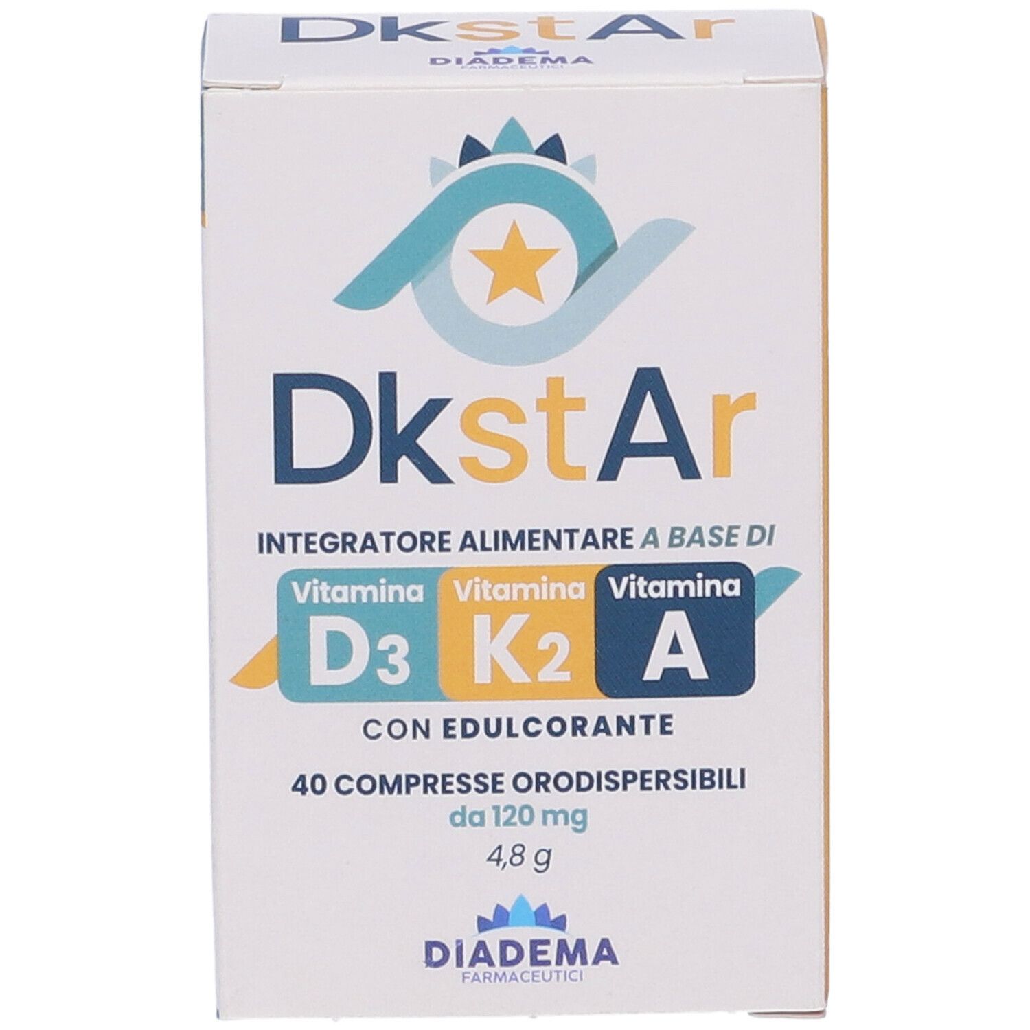 Scatola bianca 'Dkstar'. 40 compresse. Vitamine D3, K2, A. Marchio Diadema Farmaceutici.