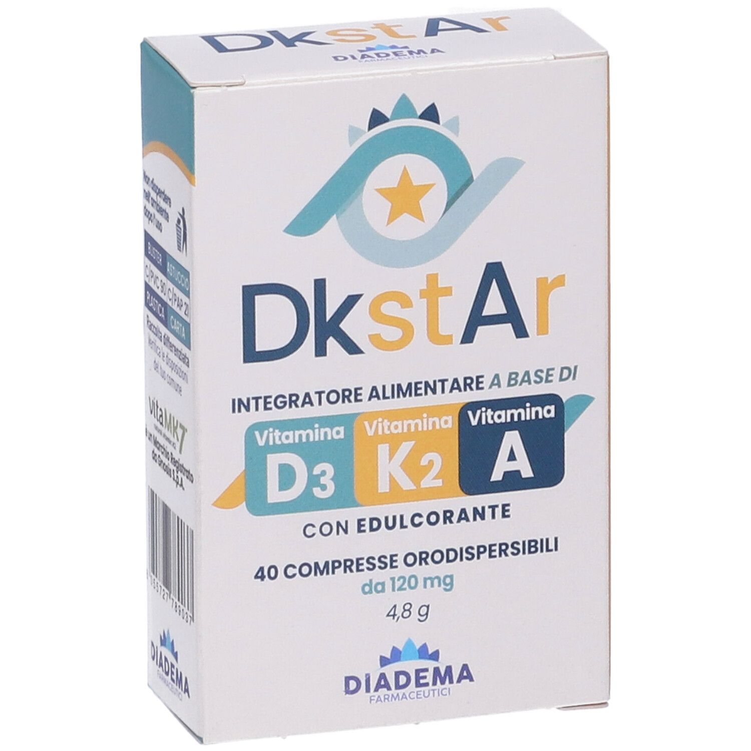 Scatola bianca 'Dkstar'. 40 compresse. Vitamine D3, K2, A. Marchio Diadema Farmaceutici.