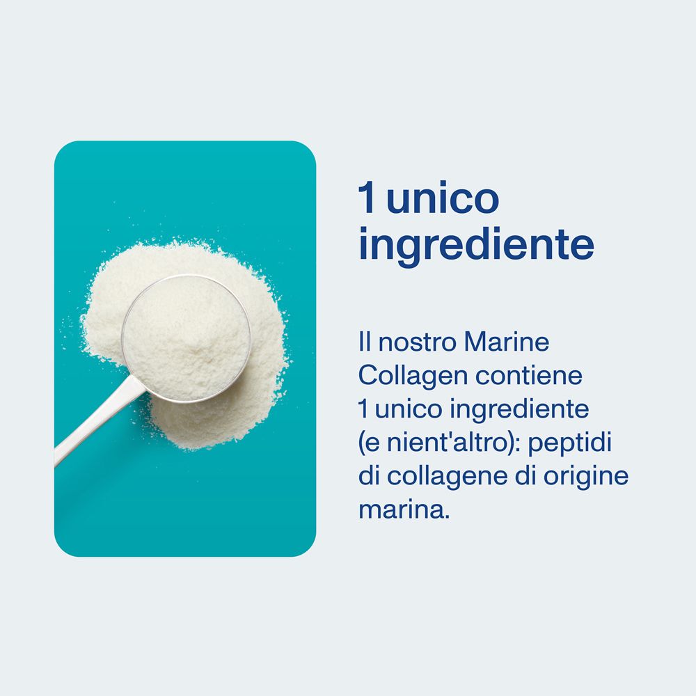 Polvere su cucchiaio. Testo: 1 ingrediente. Marine Collagen contiene 1 ingrediente: peptidi di collagene marino.