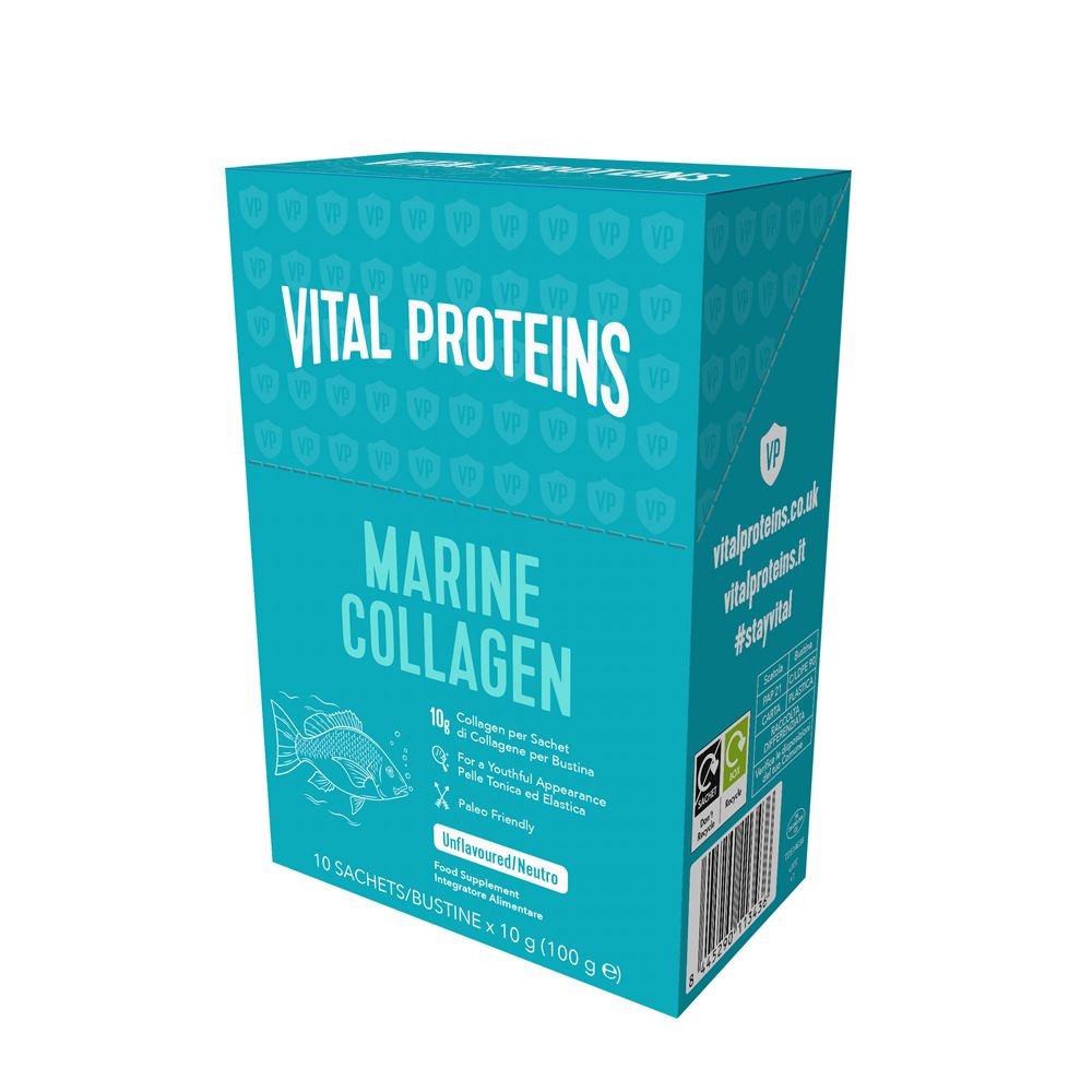 Scatola blu turchese Vital Proteins Marine Collagen. Illustrazione di pesce. 10 bustine, 100g. #stayvital.
