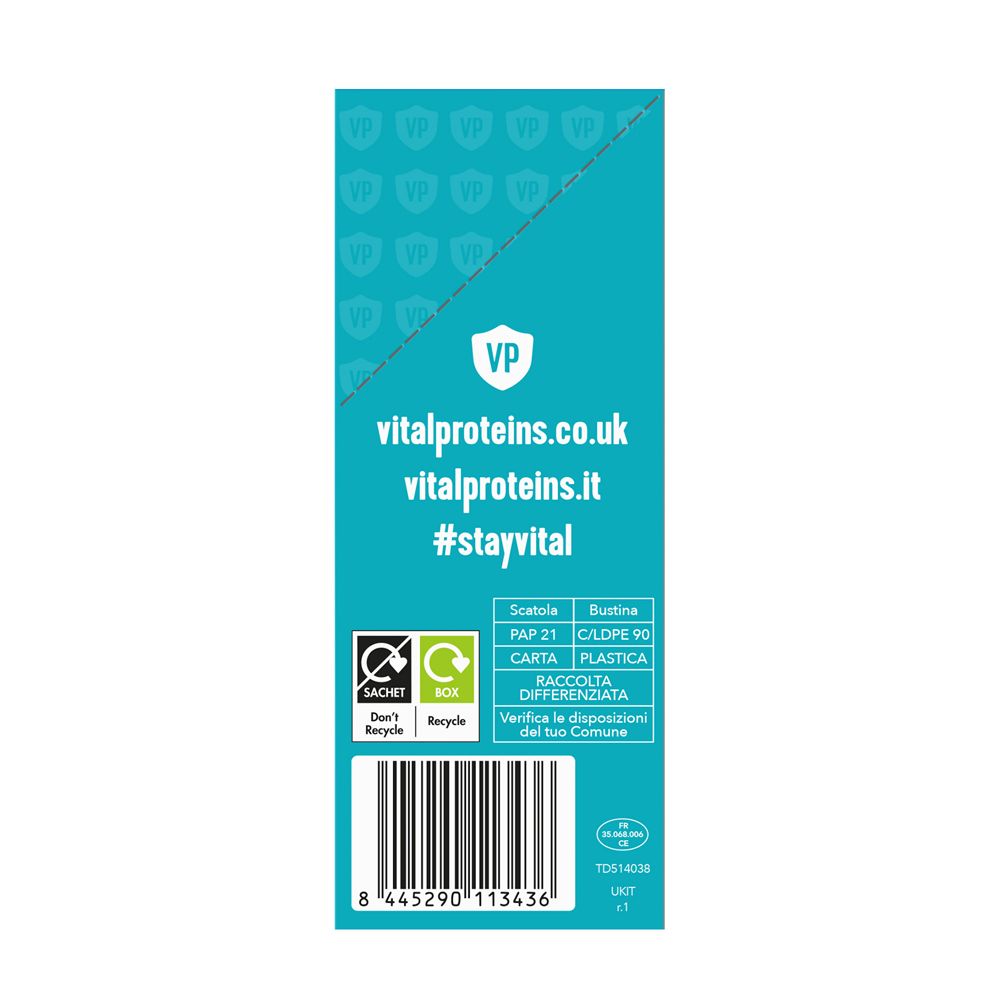 Retro della scatola turchese. Testo: vitalproteins.co.uk, vitalproteins.it, #stayvital. Simboli di riciclaggio.