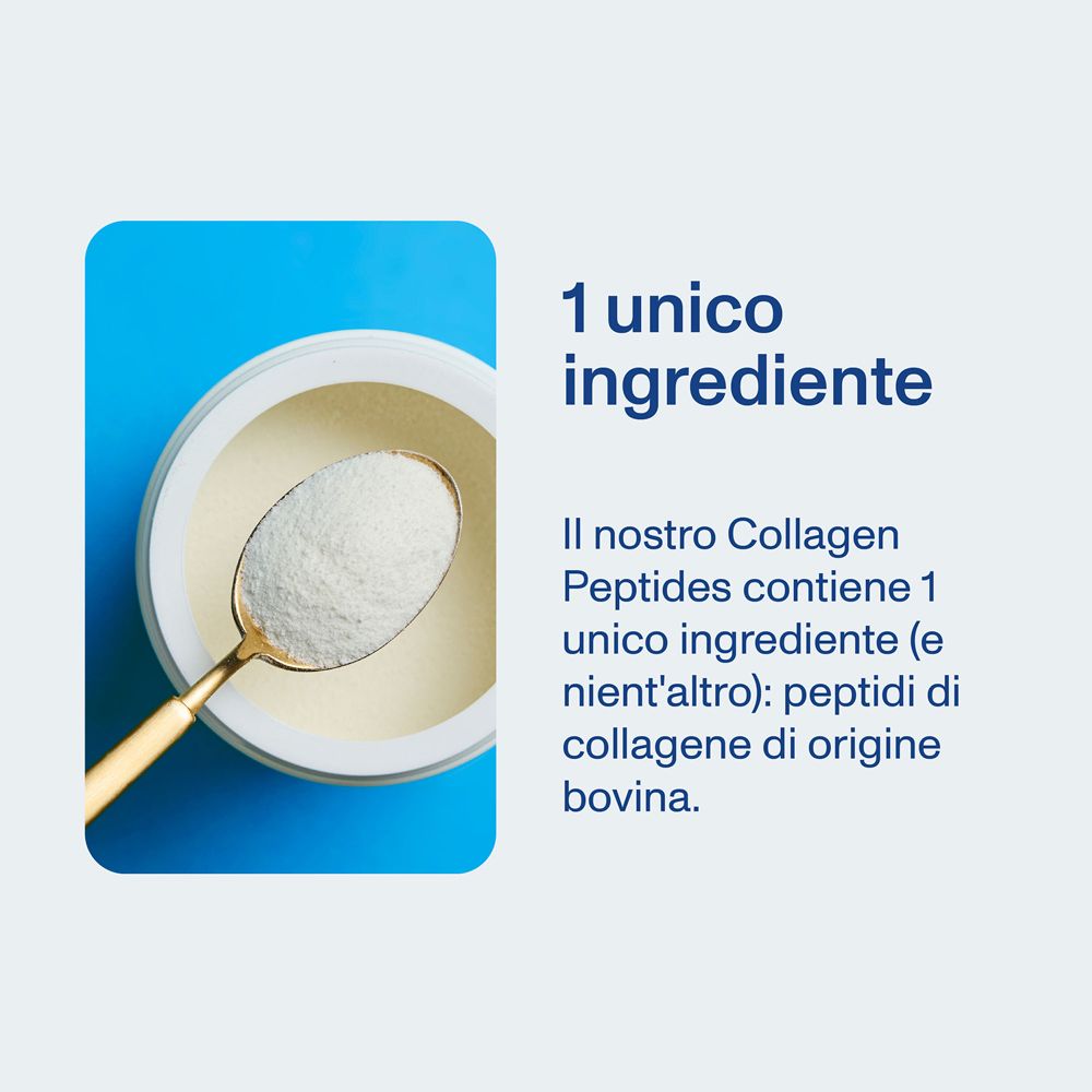 Cucchiaio con polvere in una ciotola. Testo: 1 ingrediente. Peptidi di collagene di origine bovina.