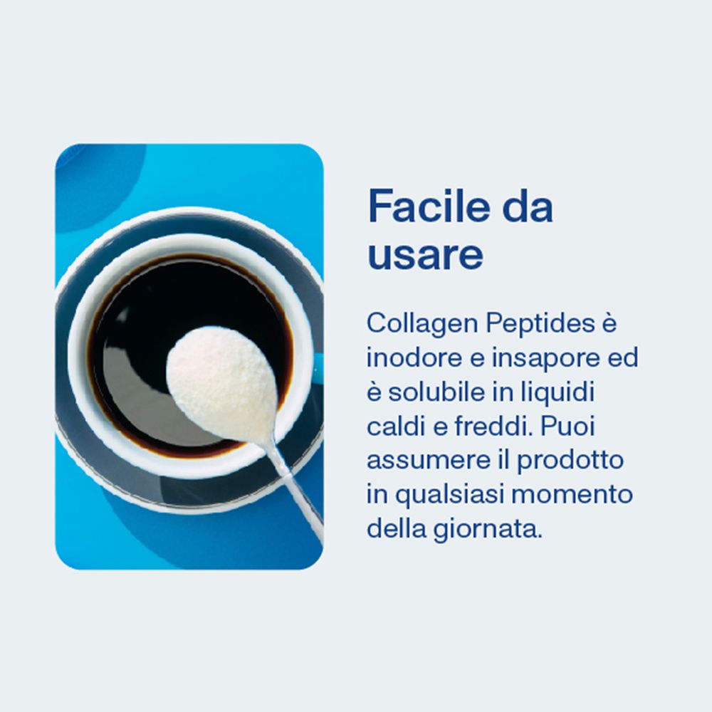 Caffè con polvere. Testo: Facile da usare. Peptidi di collagene insapore e solubili nei liquidi.
