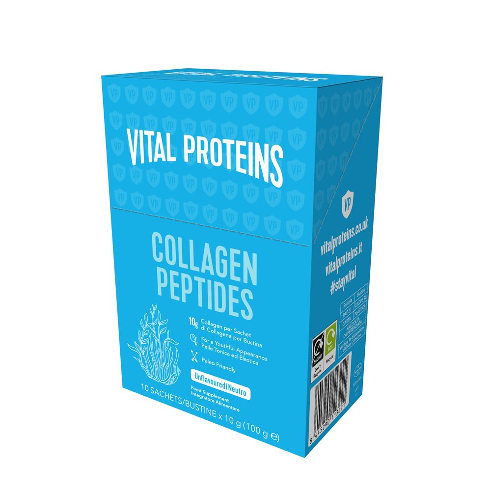 Scatola blu Vital Proteins Collagen Peptides. Scritto: 10 bustine, senza sapore.