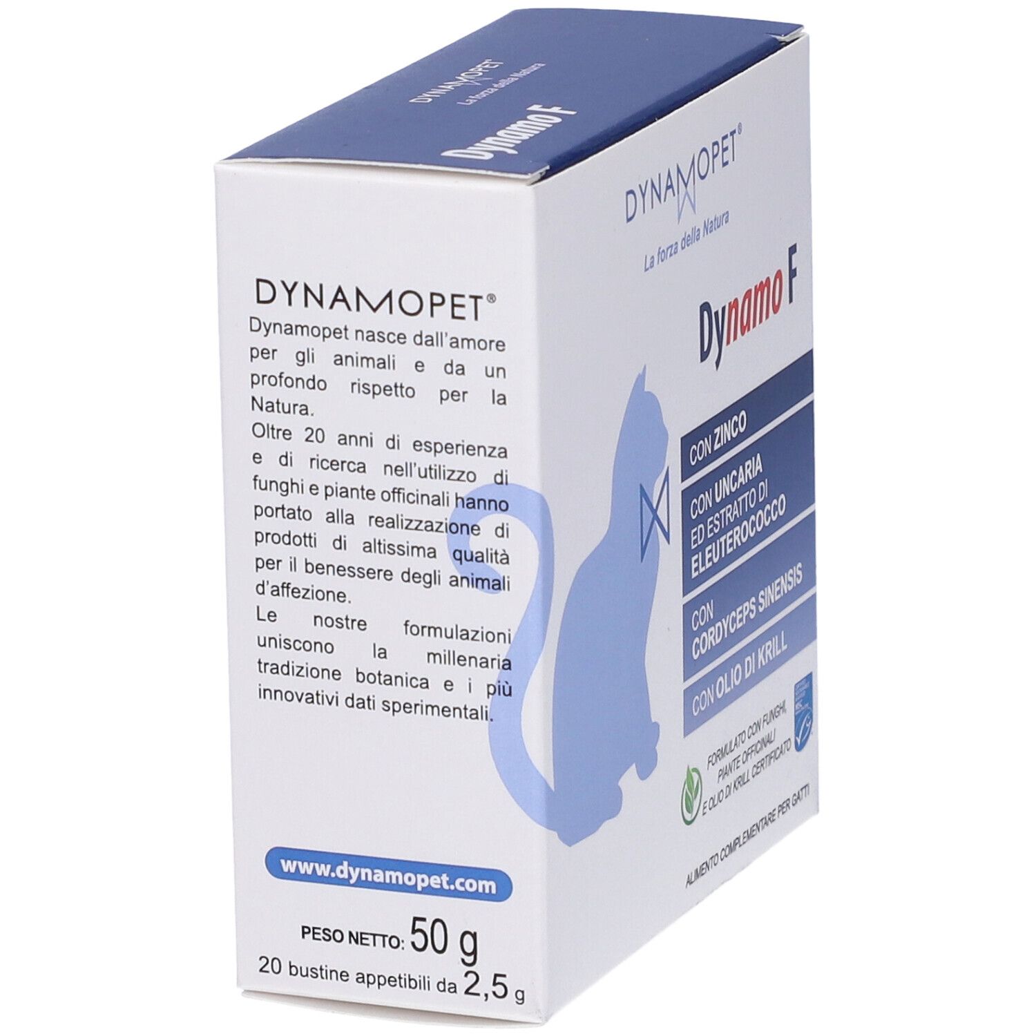 Confezione Dynamo F. Contiene zinco, Uncaria, Eleuterococco, Cordyceps sinensis e olio di krill. Vista angolare.