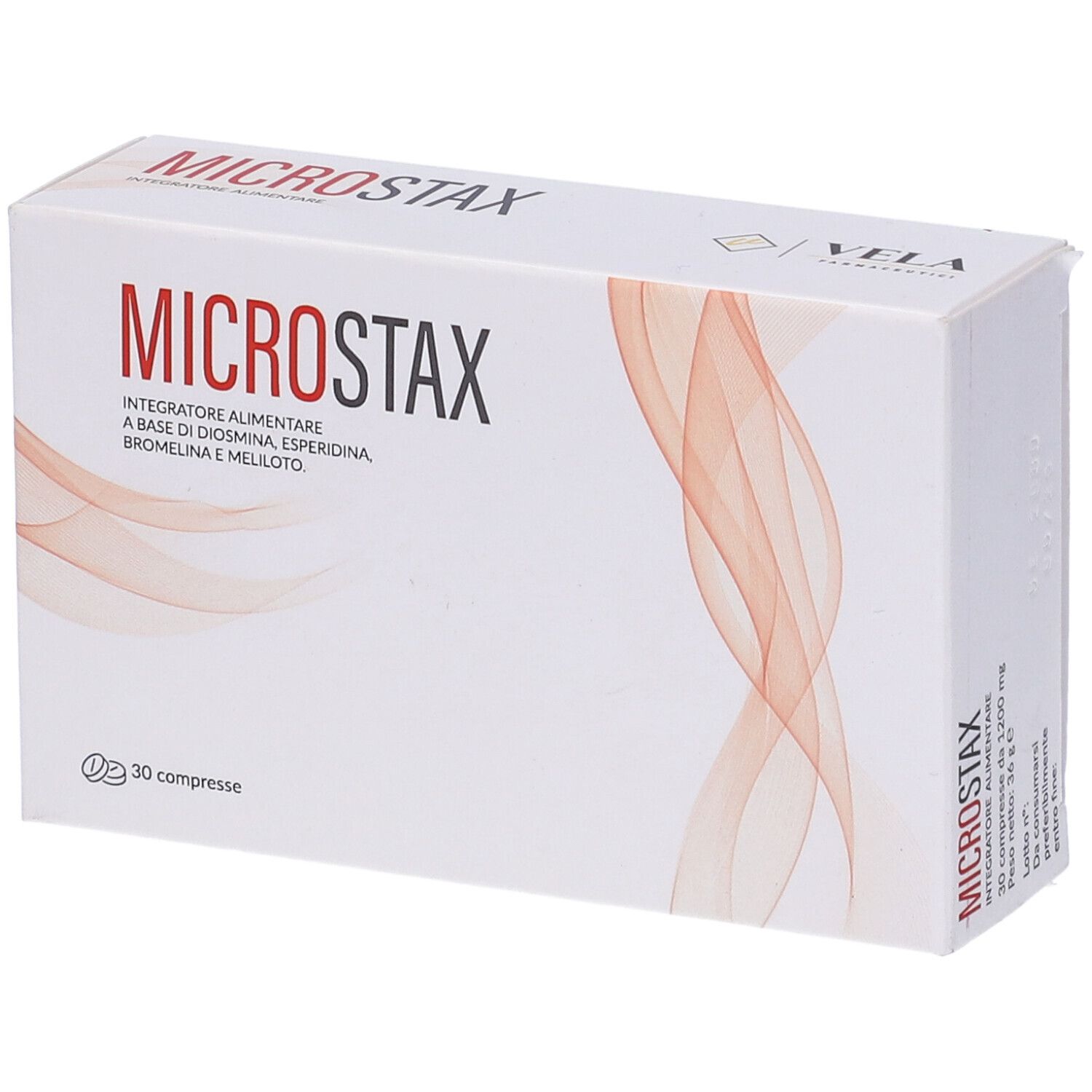 Scatola bianca con scritta rossa "MICROSTAX". "Integratore Alimentare" e ingredienti. 30 compresse. Linee rosse ondulate.