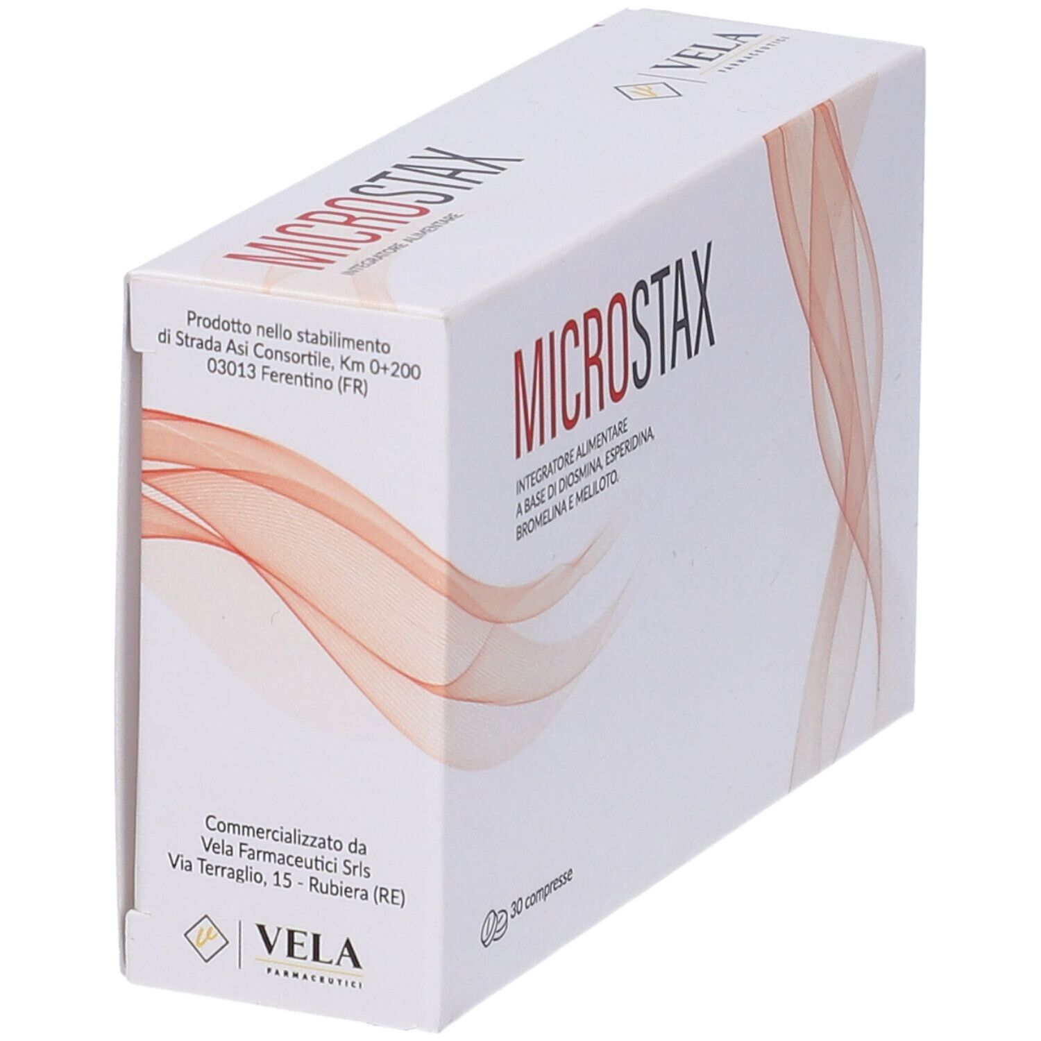 Scatola bianca con scritta rossa "MICROSTAX". "Integratore Alimentare" e ingredienti. 30 compresse. Linee rosse ondulate.