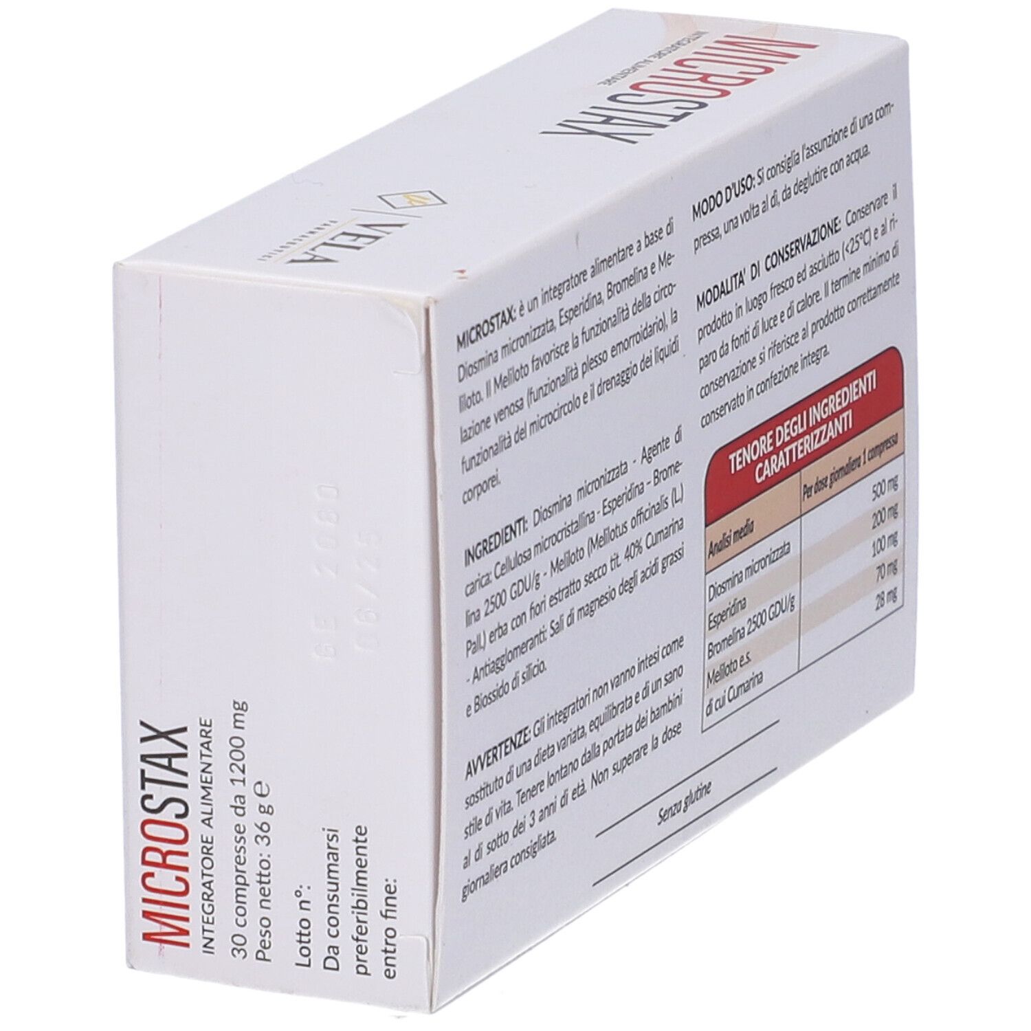 Scatola bianca con scritta rossa "MICROSTAX". Retro con ingredienti e istruzioni. 30 compresse.