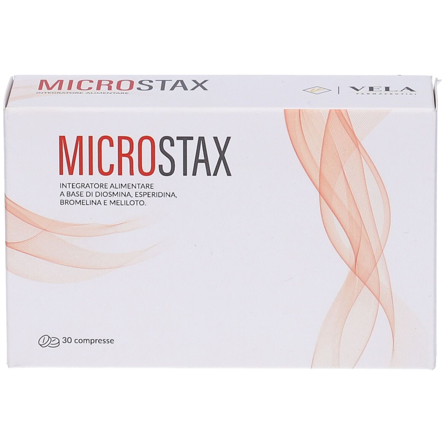 Scatola bianca con scritta rossa "MICROSTAX". "Integratore Alimentare" e ingredienti. 30 compresse. Linee rosse ondulate.
