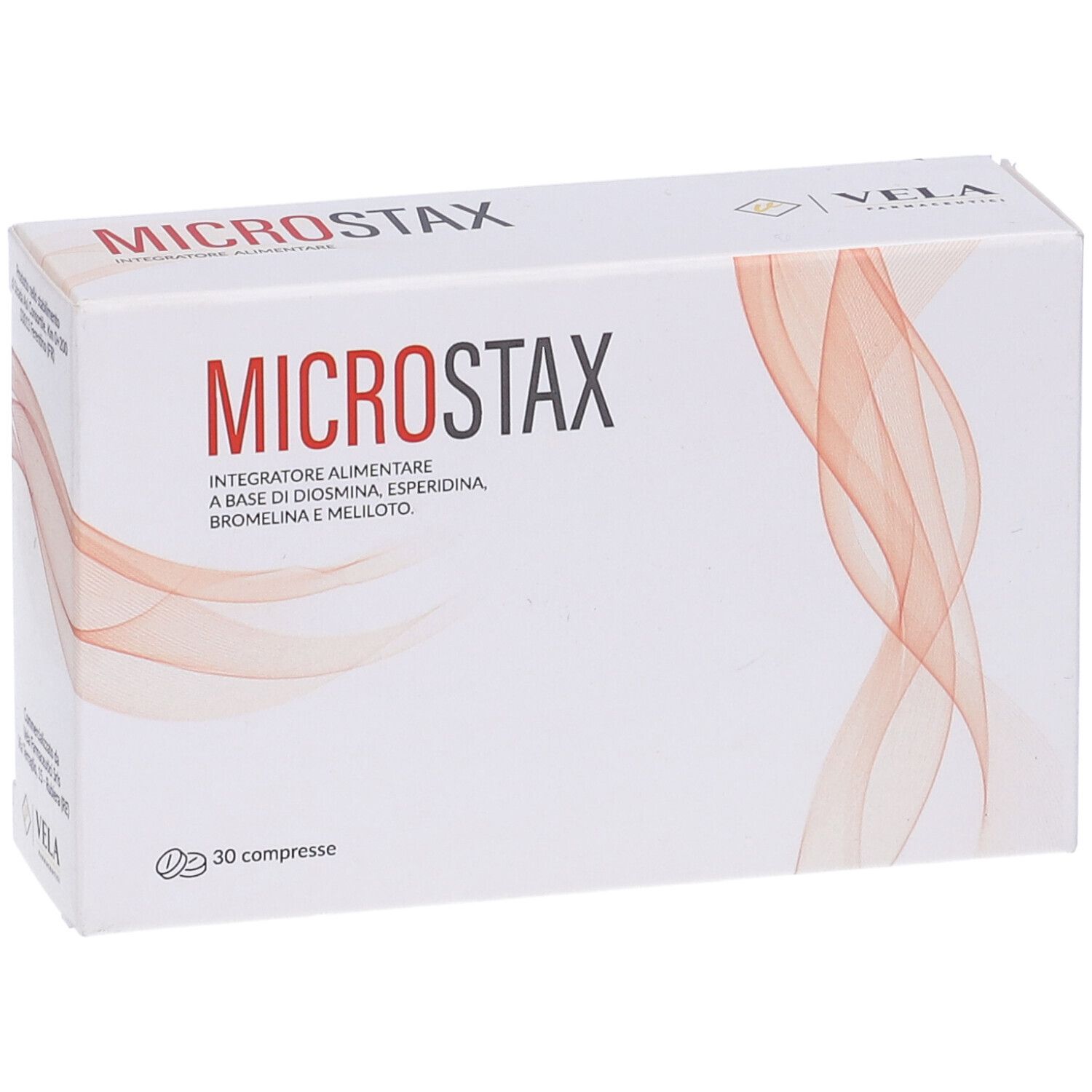Scatola bianca con scritta rossa "MICROSTAX". "Integratore Alimentare" e ingredienti. 30 compresse. Linee rosse ondulate.