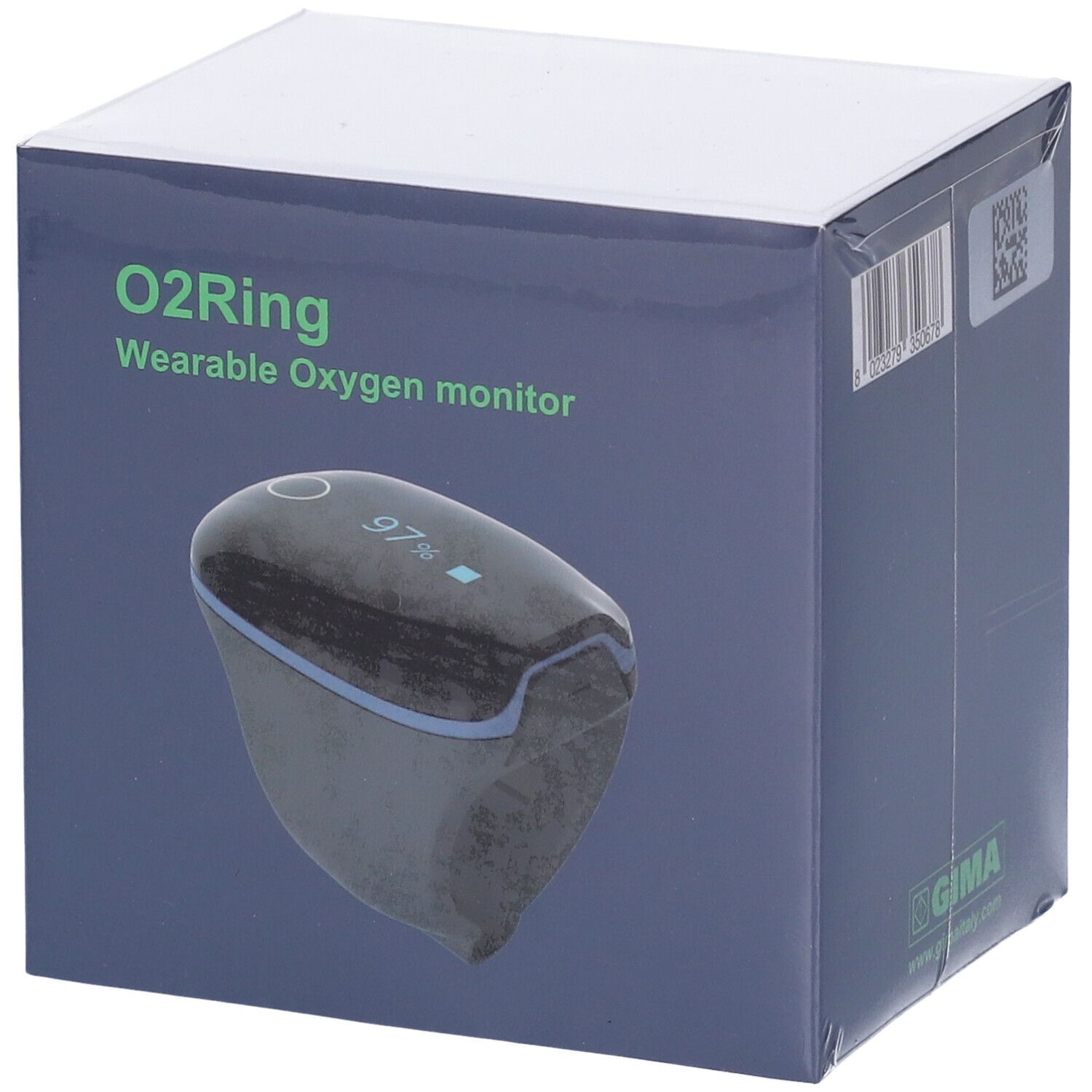 Confezione del monitor O2Ring. Scatola blu con nome del prodotto e logo.