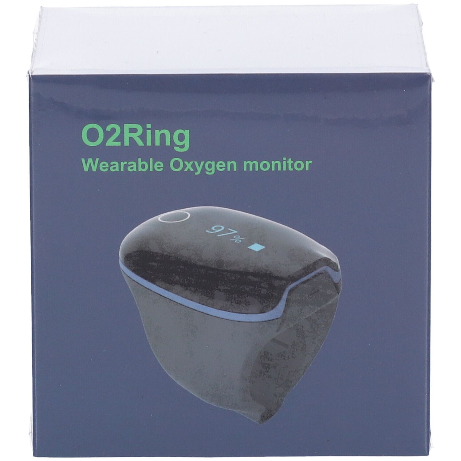 Confezione del monitor O2Ring. Scatola blu con nome del prodotto e logo.
