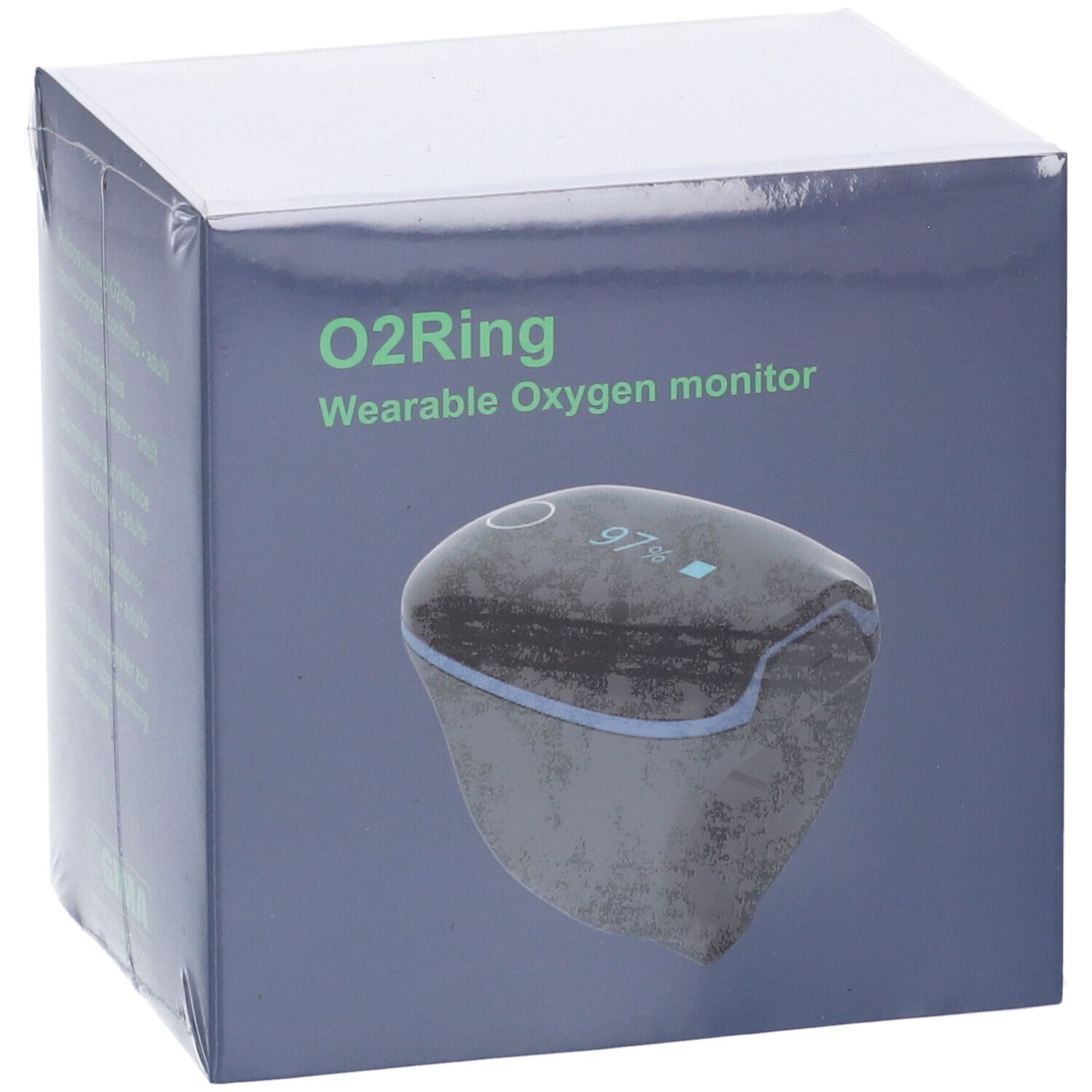 Confezione del monitor O2Ring. Scatola blu con nome del prodotto e logo.