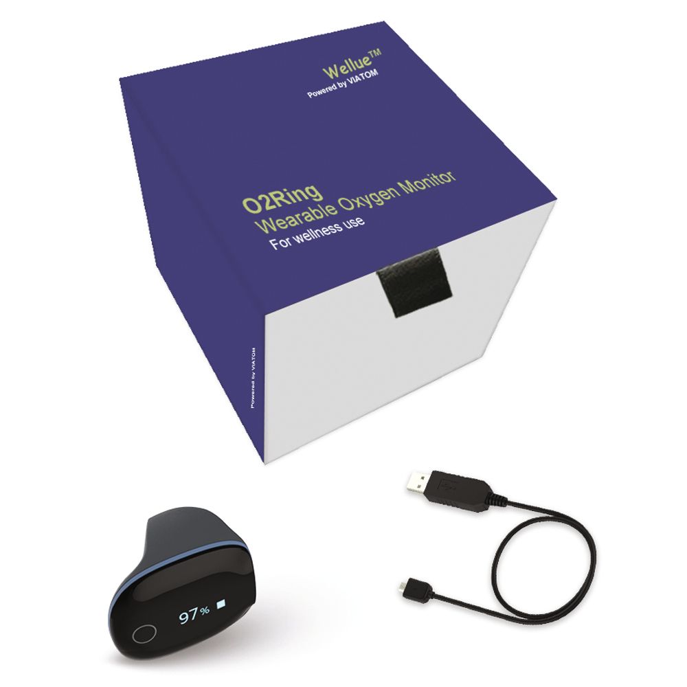 Monitor O2Ring, cavo USB e confezione. Confezione blu, con nome prodotto e logo.