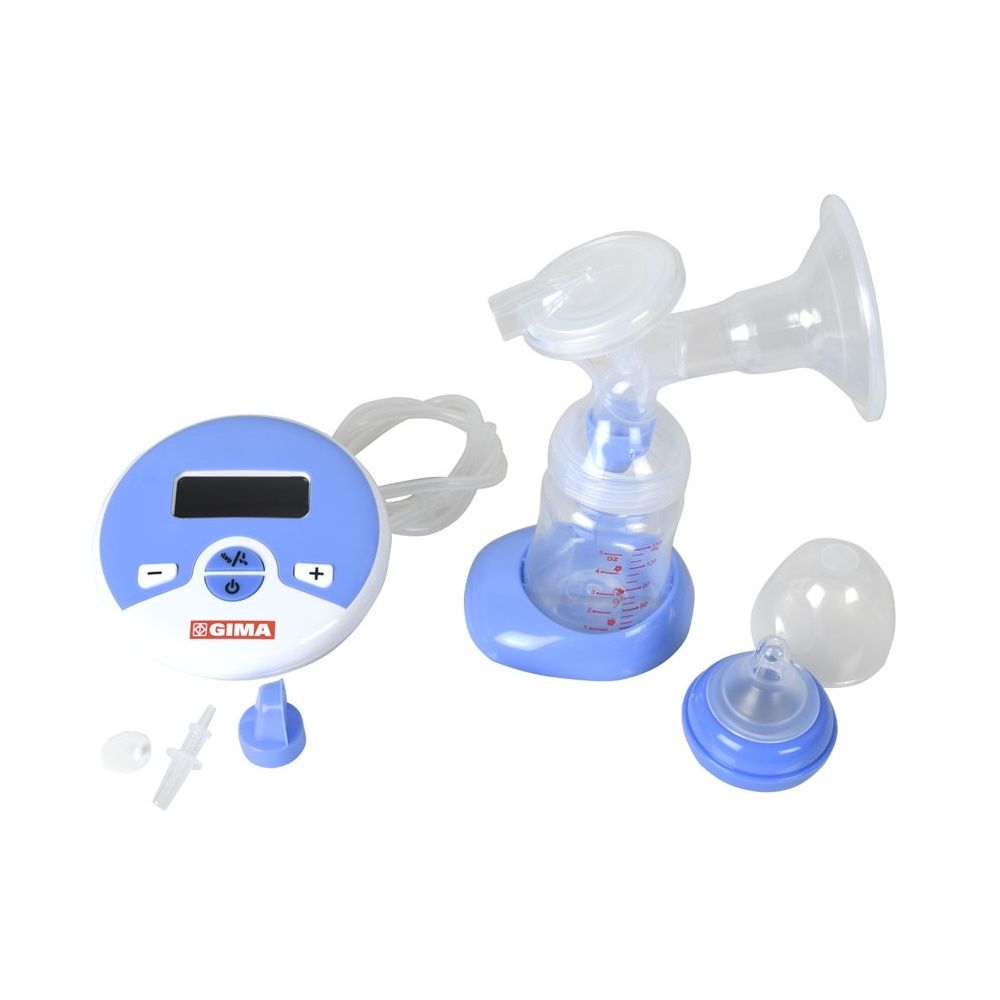 Tiralatte elettrico con accessori. Corpo blu, biberon, tettarella e altre parti.