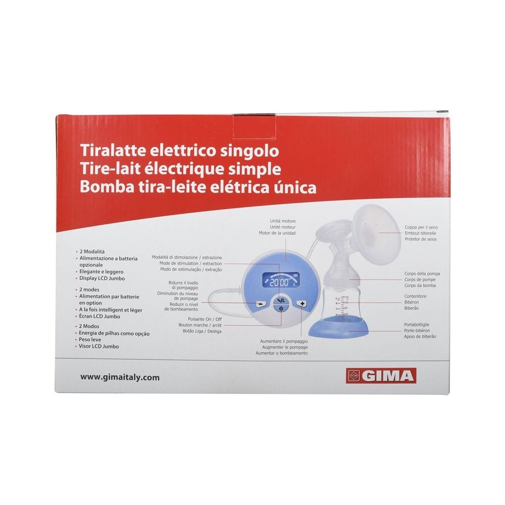 Retro della confezione del set tiralatte elettrico. Testo e immagine del prodotto.