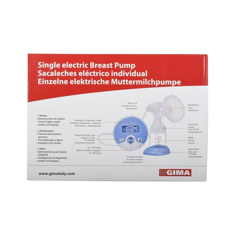 Confezione del set tiralatte elettrico. Vista laterale con testo e codice a barre.