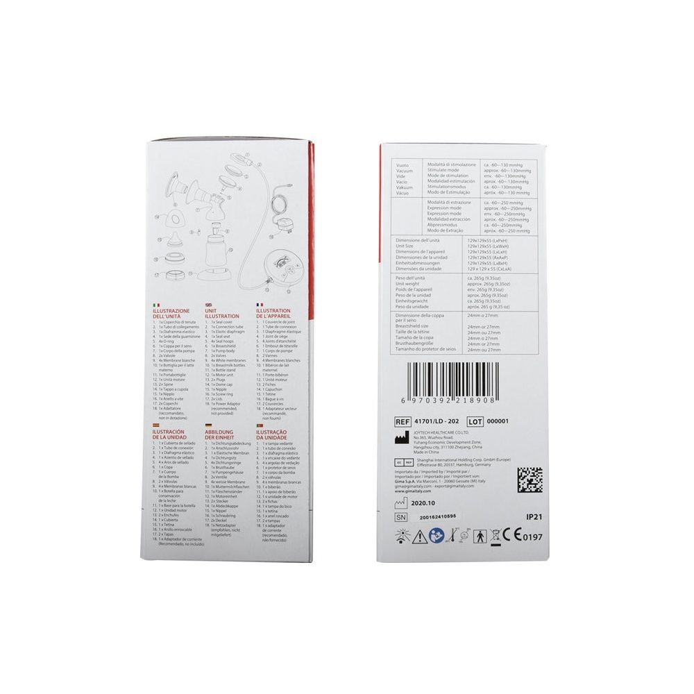 Confezione del set tiralatte elettrico. Vista frontale con immagine del prodotto e testo.