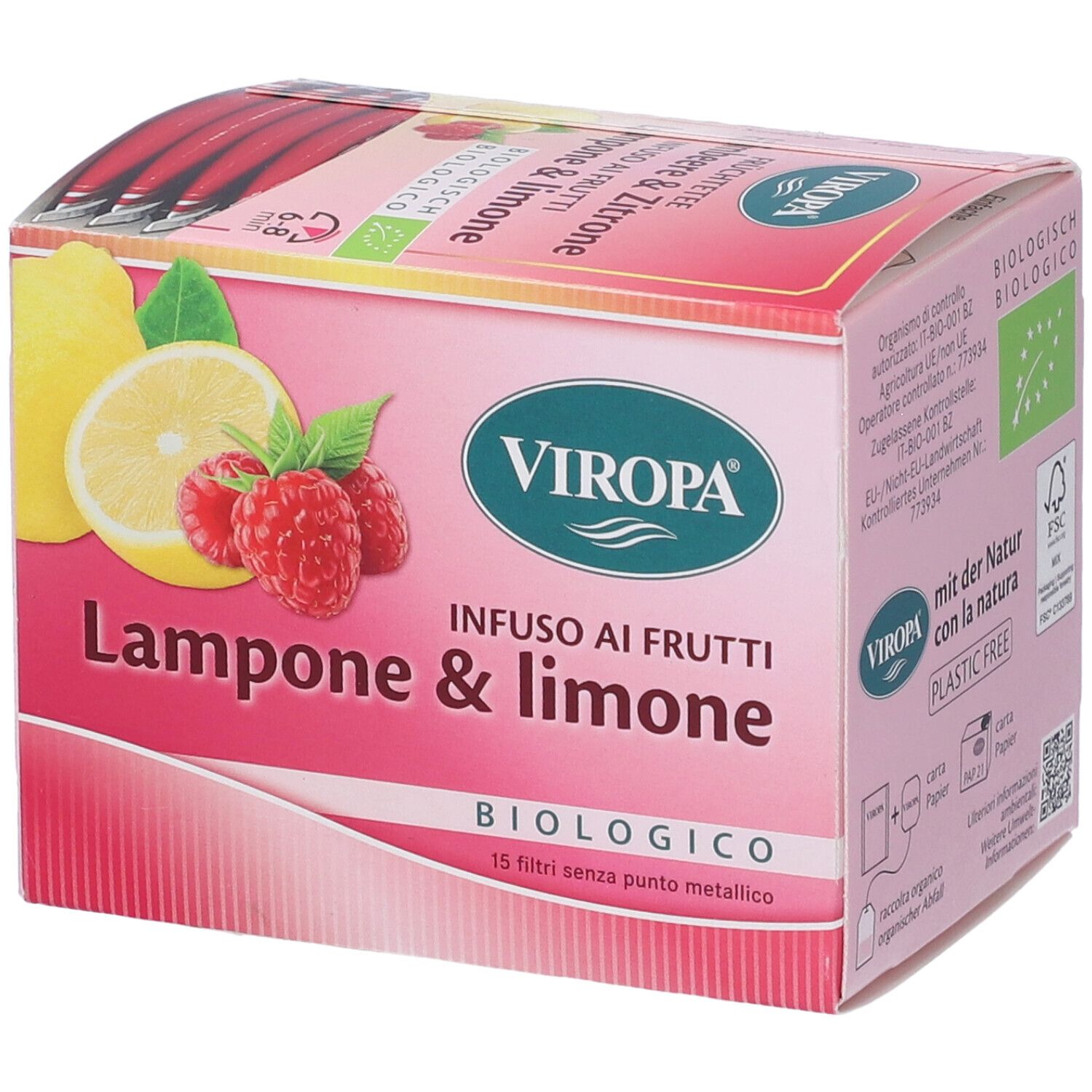 Scatola rosa Viropa Infuso. Scritto: Lampone & Limone, biologico. Immagine di lamponi e limone.