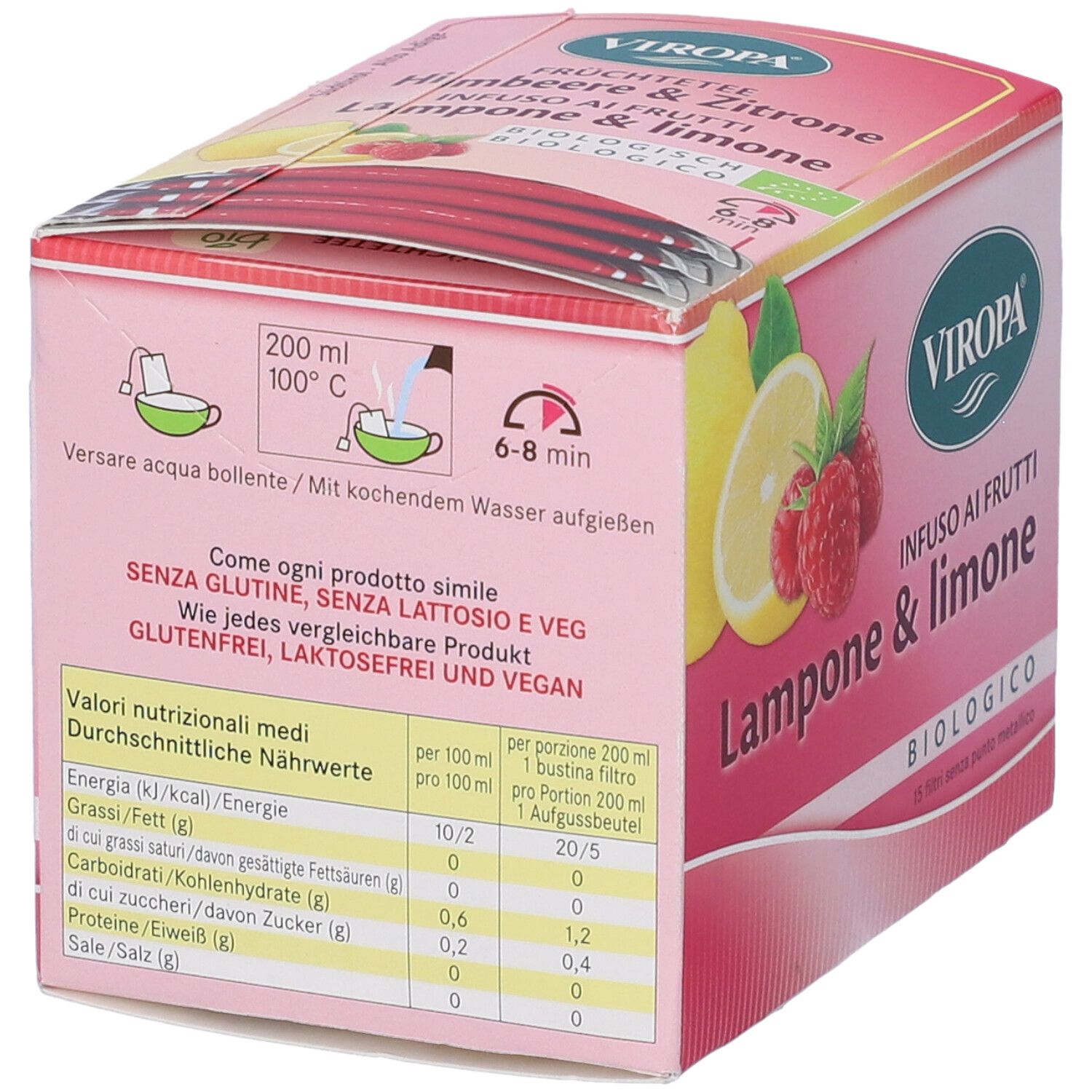 Scatola rosa Viropa Infuso. Scritto: Lampone & Limone, biologico. Informazioni nutrizionali e istruzioni.