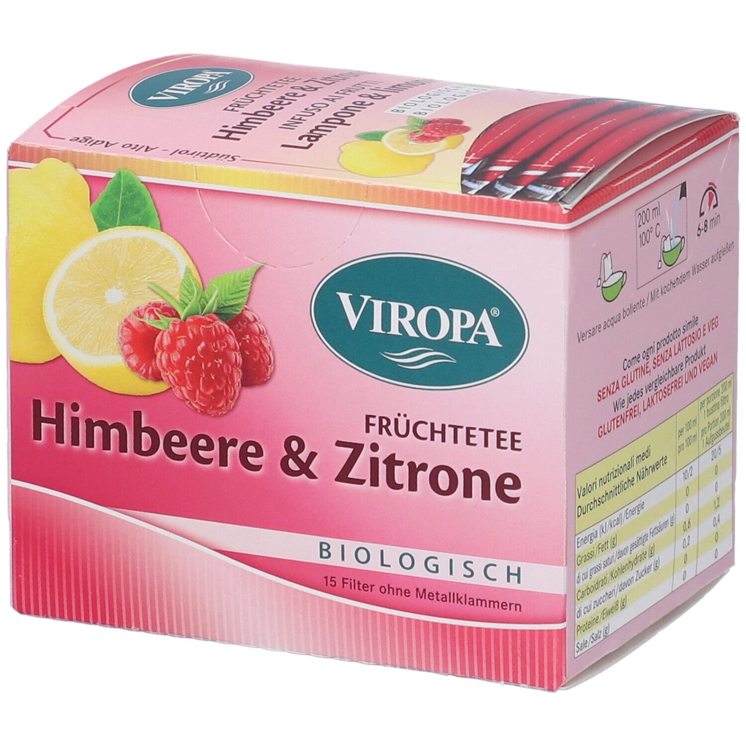 Scatola rosa Viropa Infuso. Scritto: Lampone & Limone, biologico. Immagine di lamponi e limone.