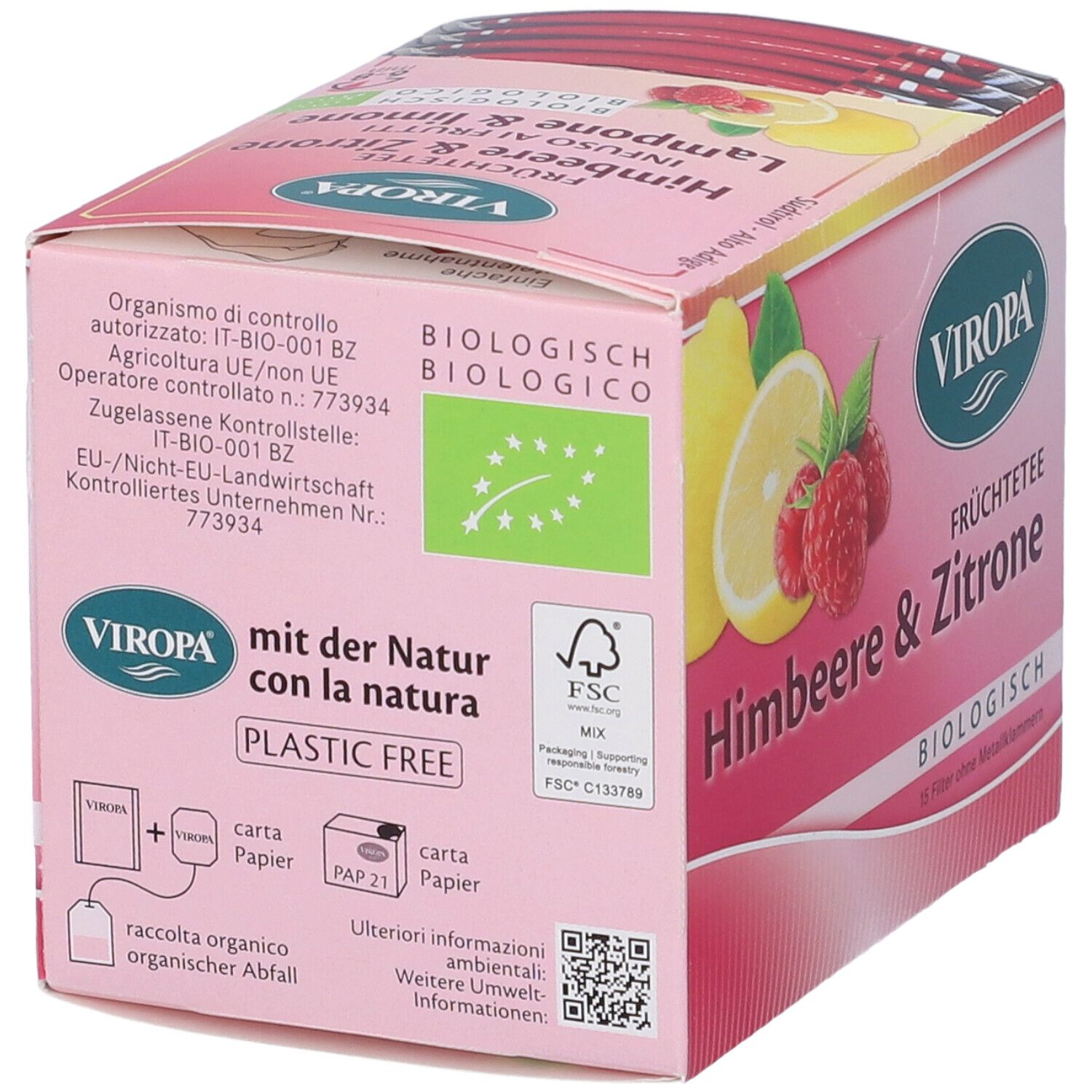 Scatola rosa Viropa Infuso. Scritto: Lampone & Limone, biologico. Immagine di lamponi e limone.
