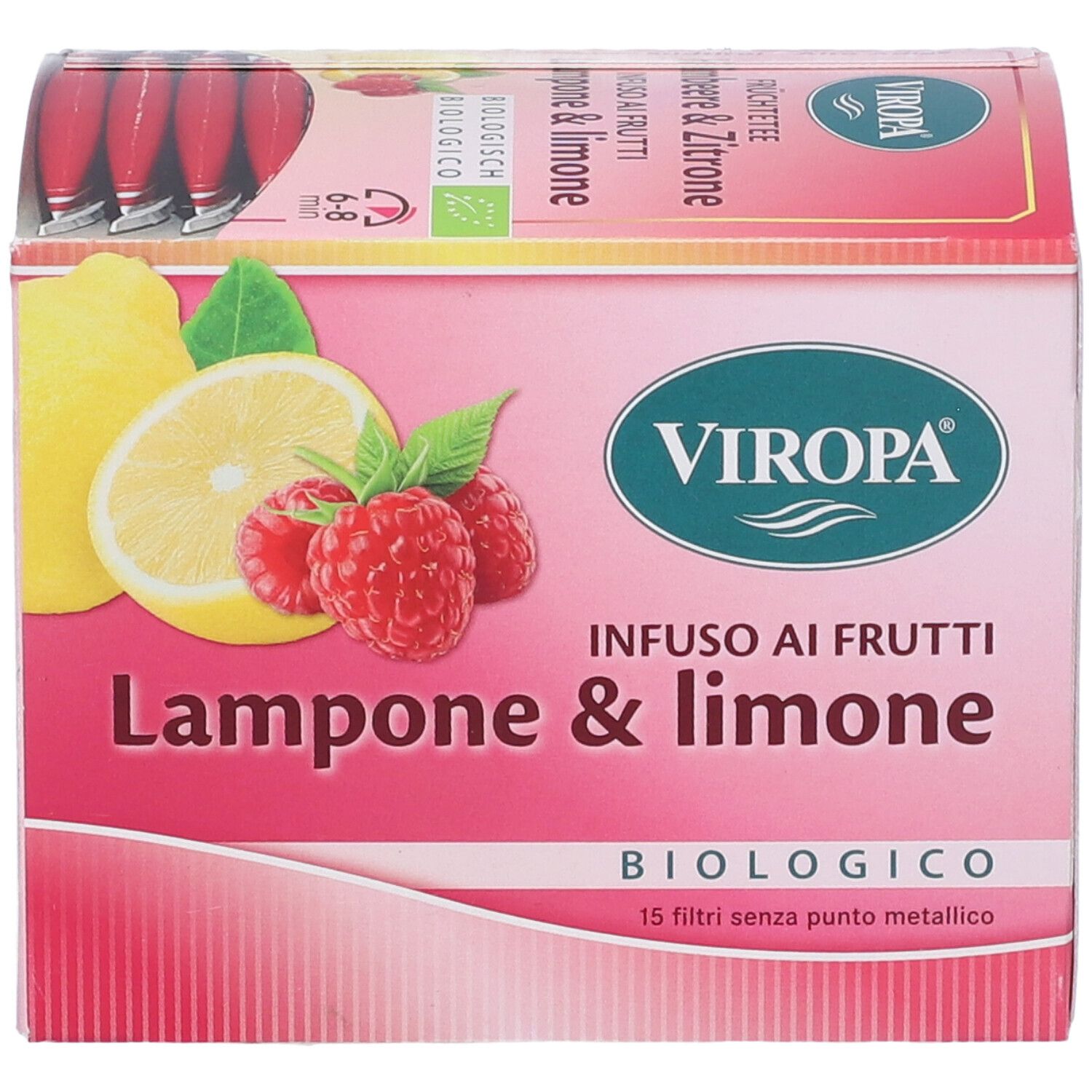 Scatola rosa Viropa Infuso. Scritto: Lampone & Limone, biologico. Immagine di lamponi e limone.