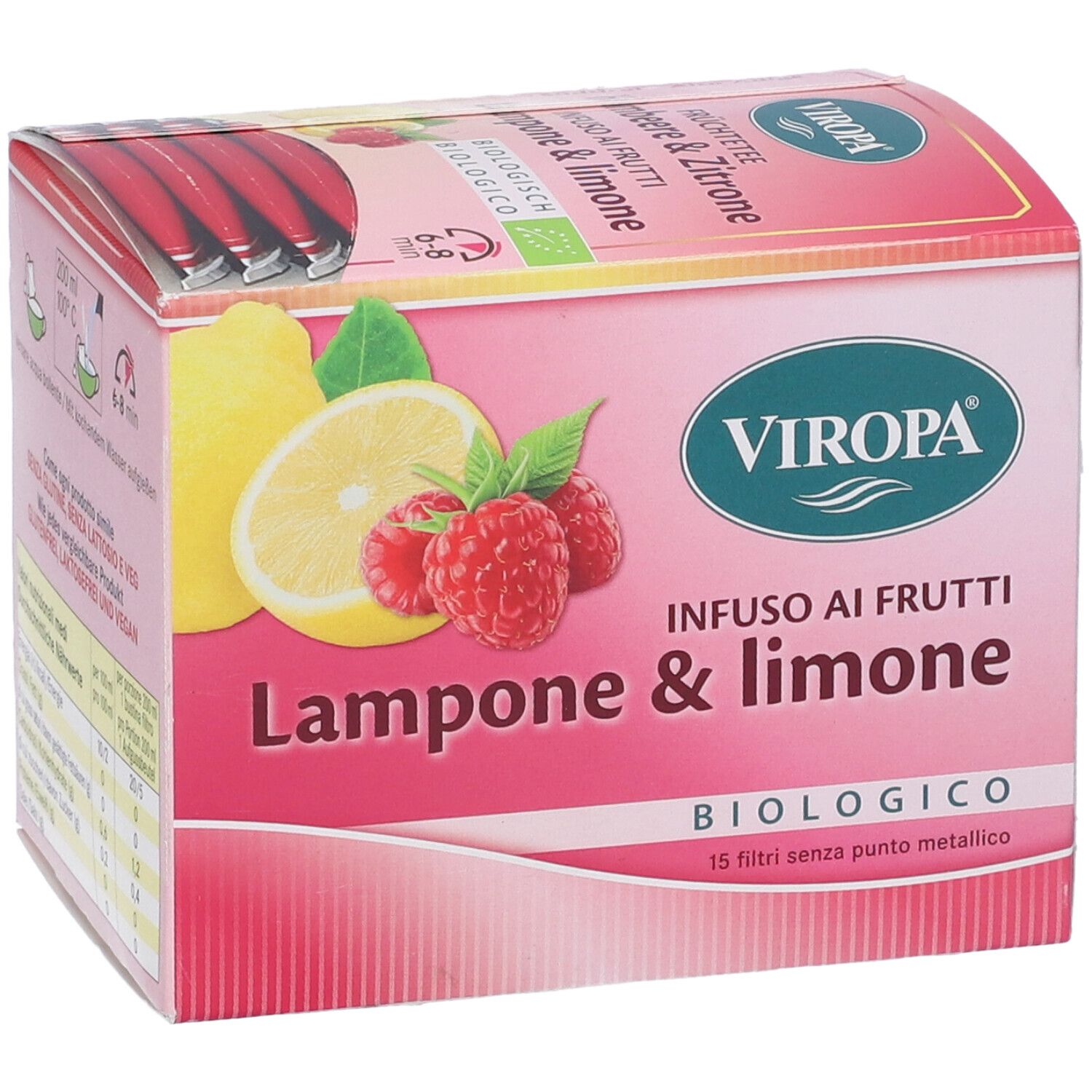 Scatola rosa Viropa Infuso. Scritto: Lampone & Limone, biologico. Immagine di lamponi e limone.