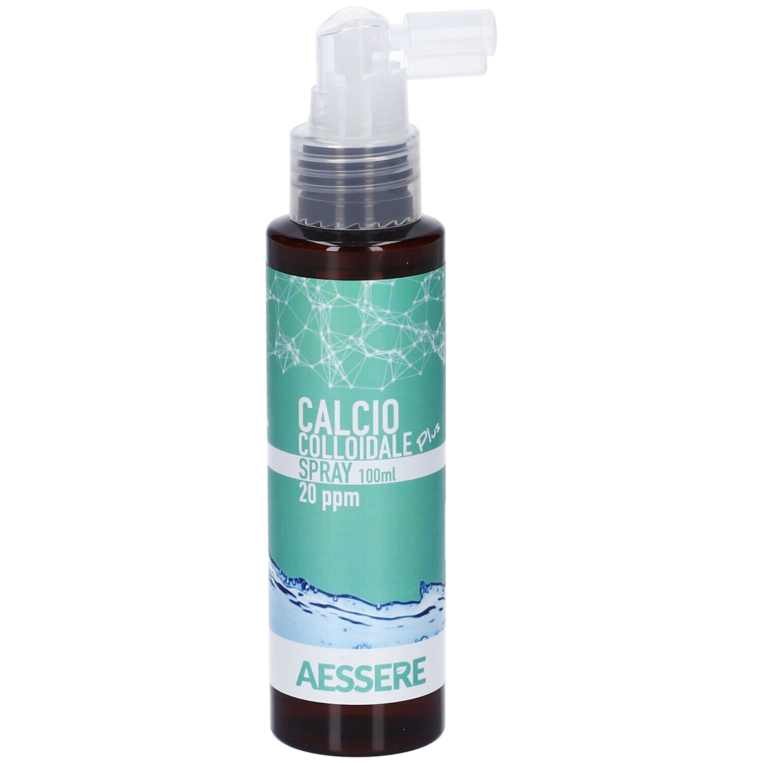 Flacone spray marrone con erogatore bianco. Scritta: CALCIO COLLOIDALE plus SPRAY 20 ppm. Marchio AESSERE. Elementi verde-blu.