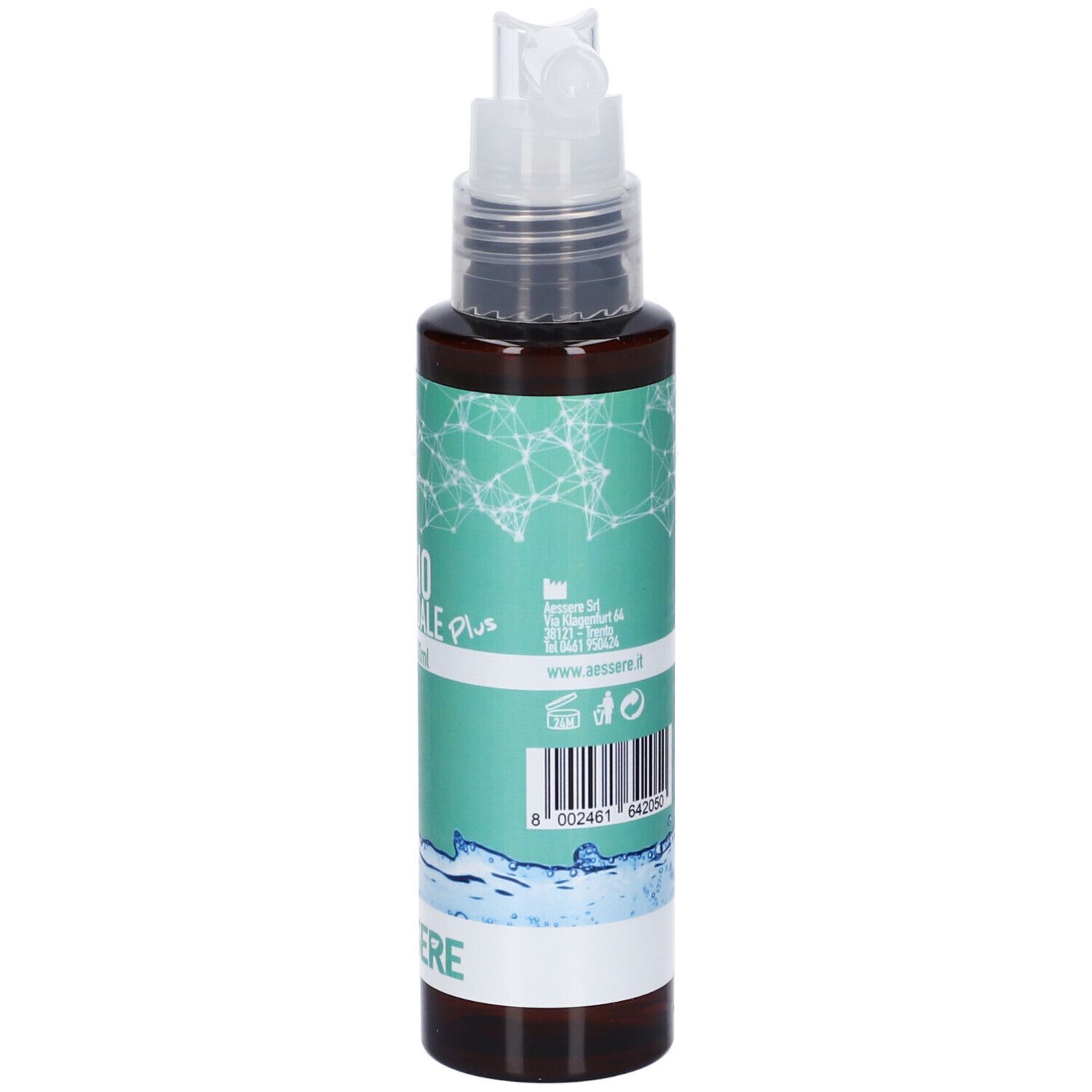 Flacone spray marrone. Scritta: CALCIO COLLOIDALE plus SPRAY 20 ppm. Marchio AESSERE. Elementi verde-blu. Erogatore bianco.